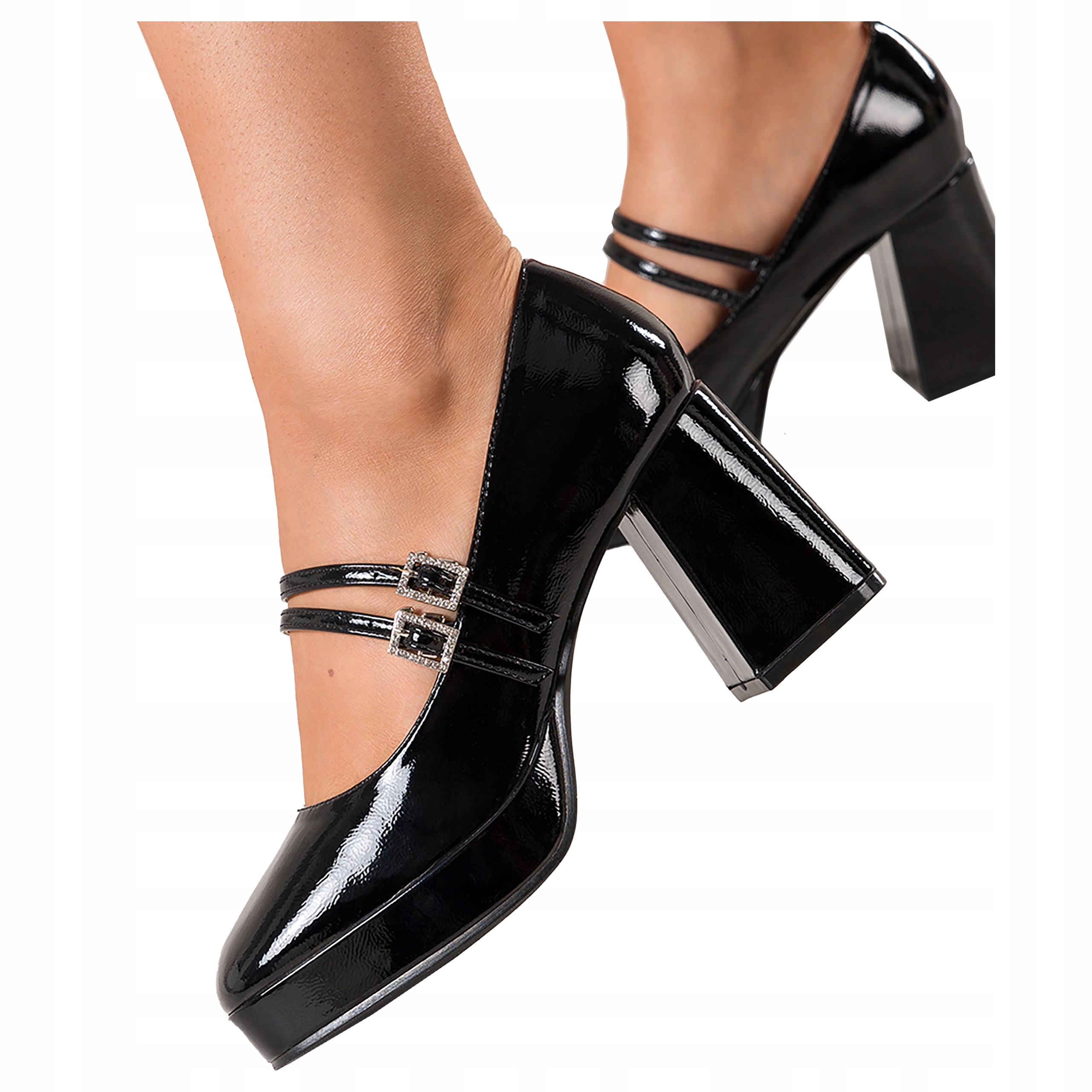 Dámské Lodičky Černé Mary Jane Klocek Lakované Kožená Vložka vel 38