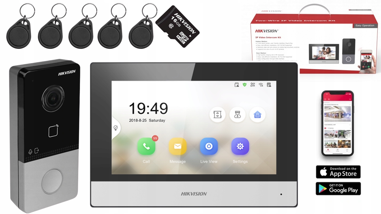 Zestaw wideodomofonowy Ip Hikvision DS-KIS603P, WiFi, breloki i karta Sd