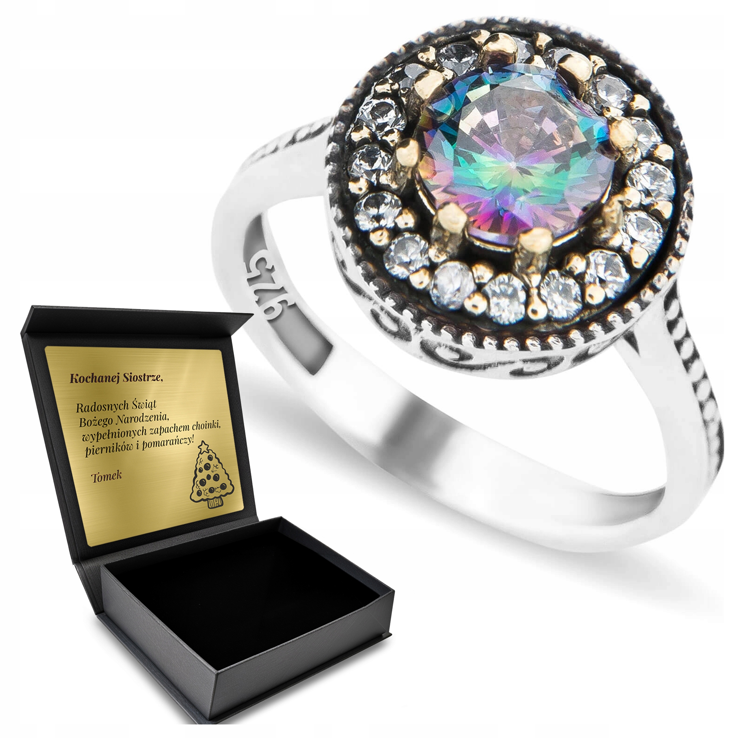 Prstýnek 925 S Zirkony A Mystickým Topazem Gravírování Bonus