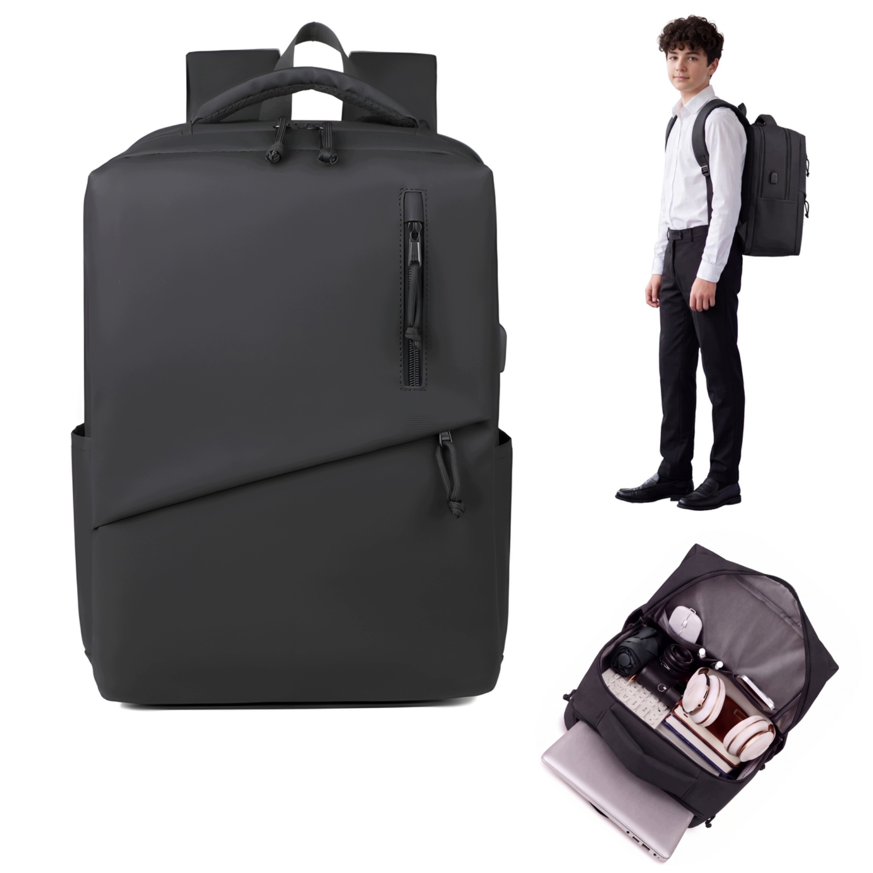 Školní batoh klasický černý pro střední školu Usb vstup notebook 15,6“ knihy