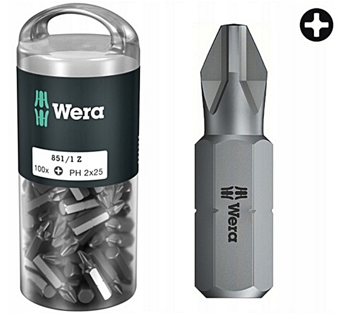 Bit PH2 x 25 mm 100 ks 1/4" křížový Phillips 851/1 Z 072441 Wera