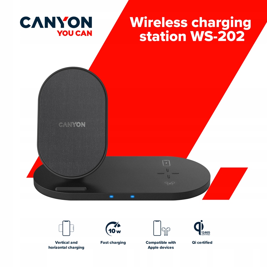 CANYON Ładowarka bezprzewodowa WS-202 10W 2w1 Czarna — 9