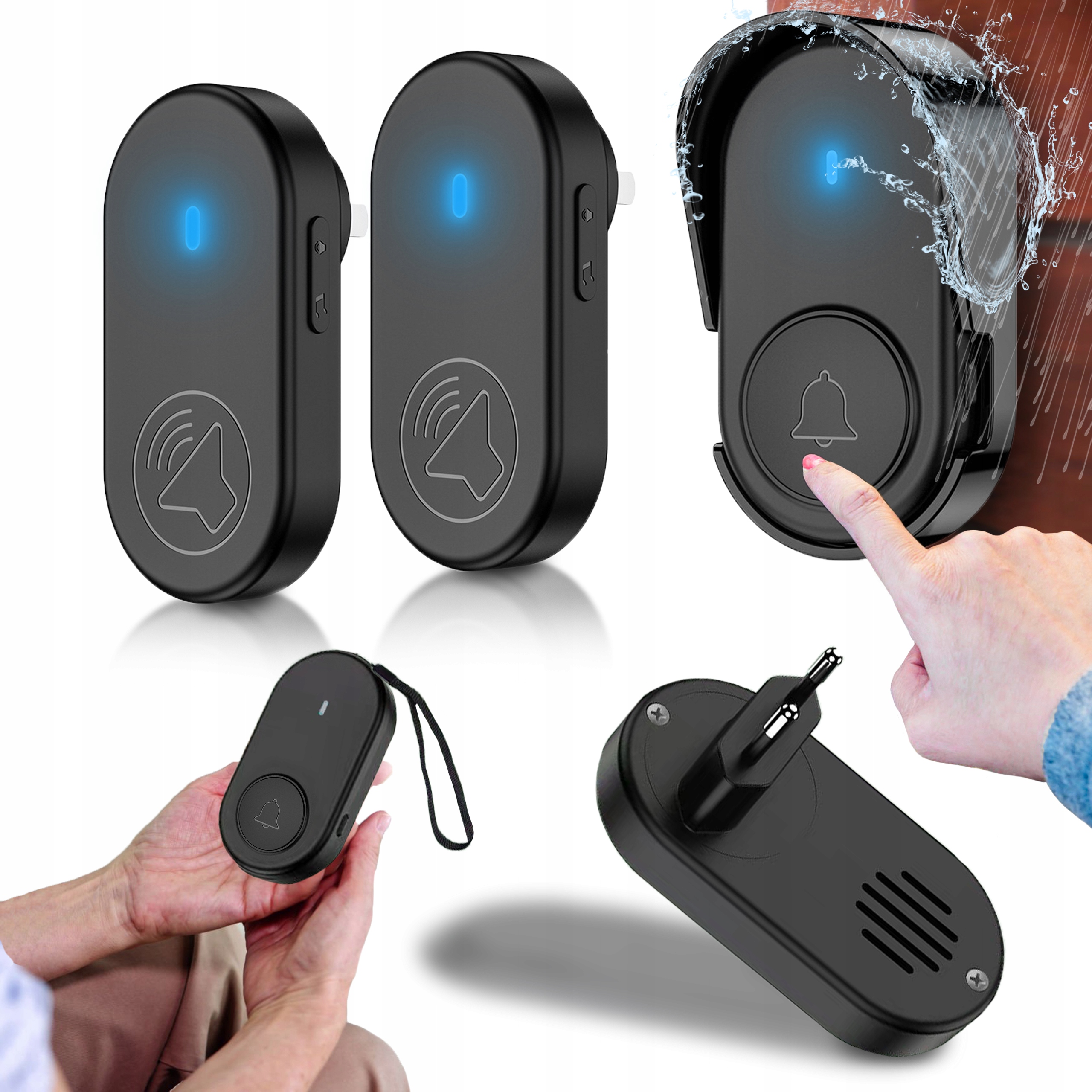 DZWONEK BEZPRZEWODOWY WODOODPORNY Z DASZKIEM DO DRZWI 2 ODBIORNIKI LED 250M
