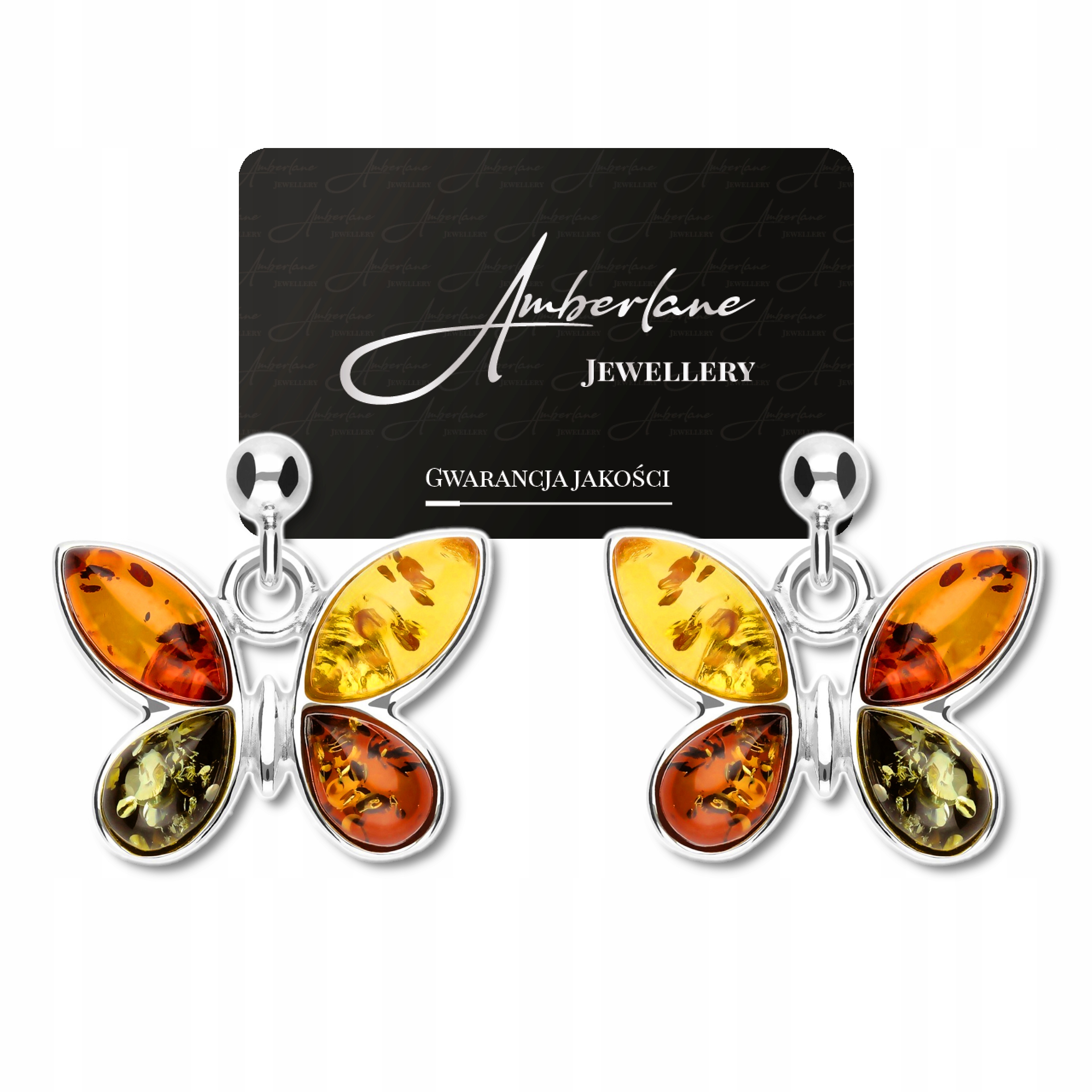 Stříbrné náušnice Motýli s baltským jantarem, mix barev * stříbro 925 *