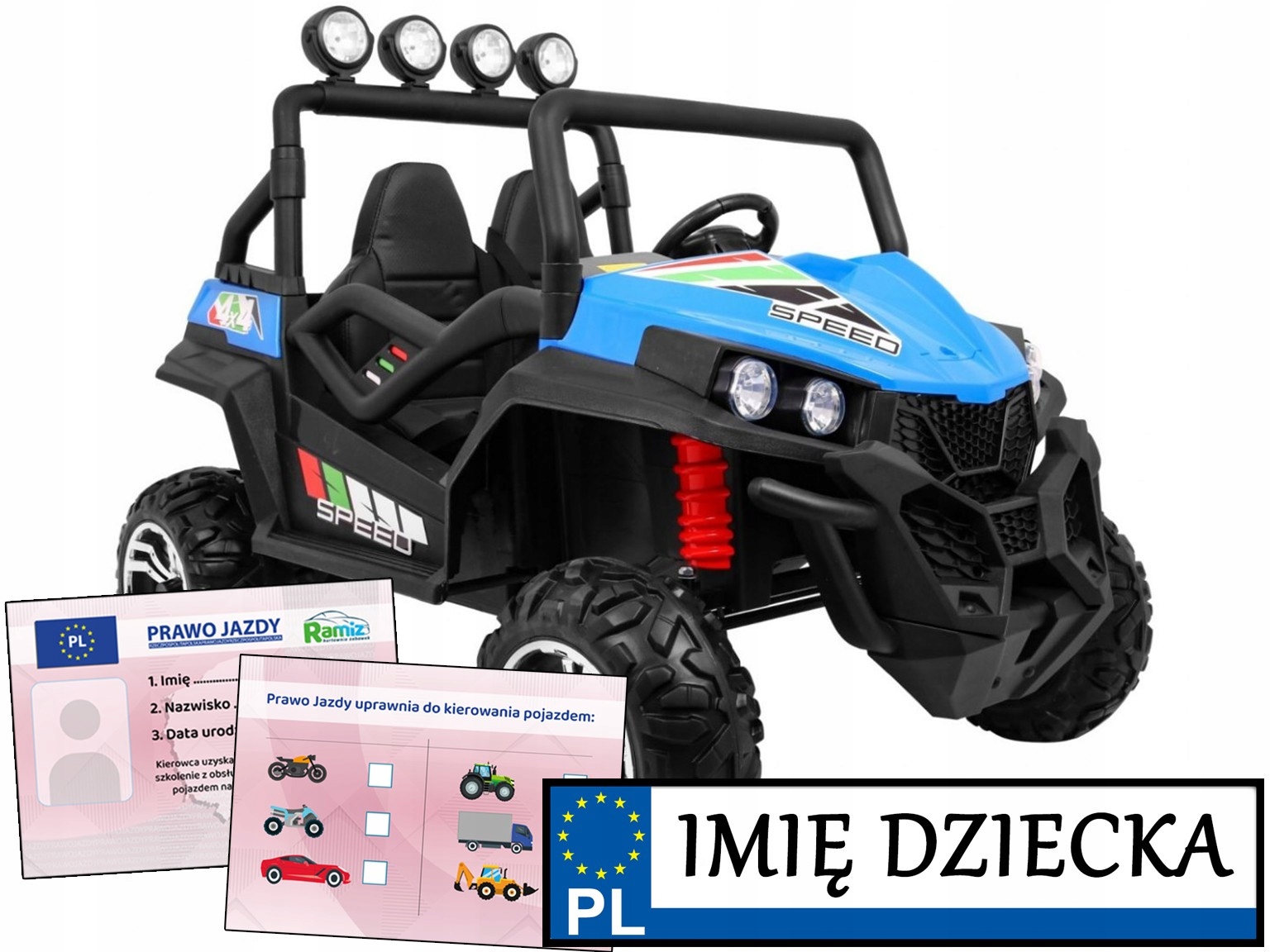 Grand Buggy Strong Lift dla dzieci Niebieski Napęd 4x4 Pilot Bagażnik