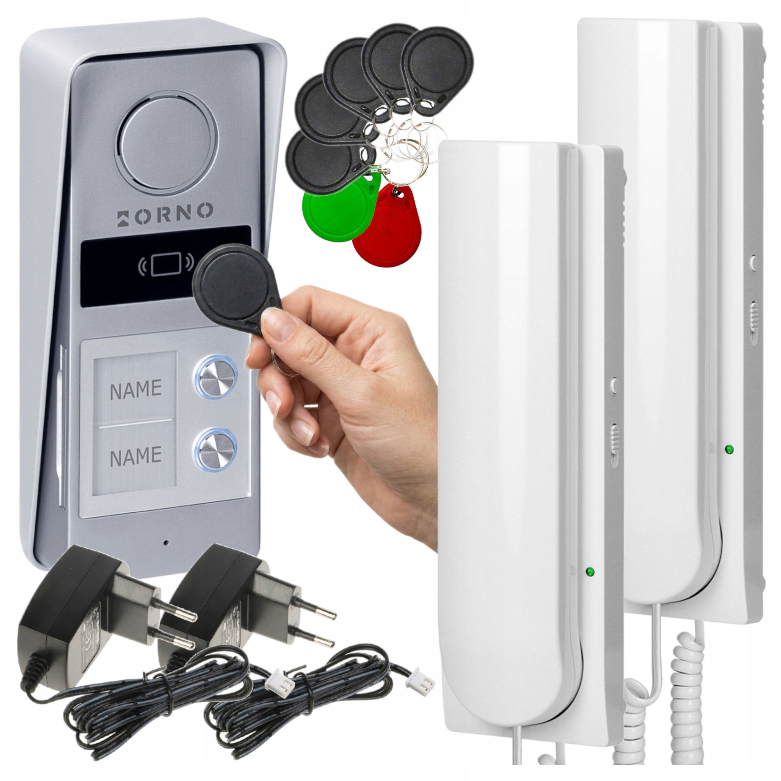 Domofon Dwurodzinny 2 Żyłowy Czytnik Rfid Breloki Furtka Brama Biały Orno