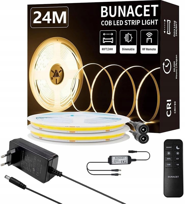 Led Cob páska 24 m 24V 3000K teplá dimmer diaľkový ovládač napájací zdroj CRI90