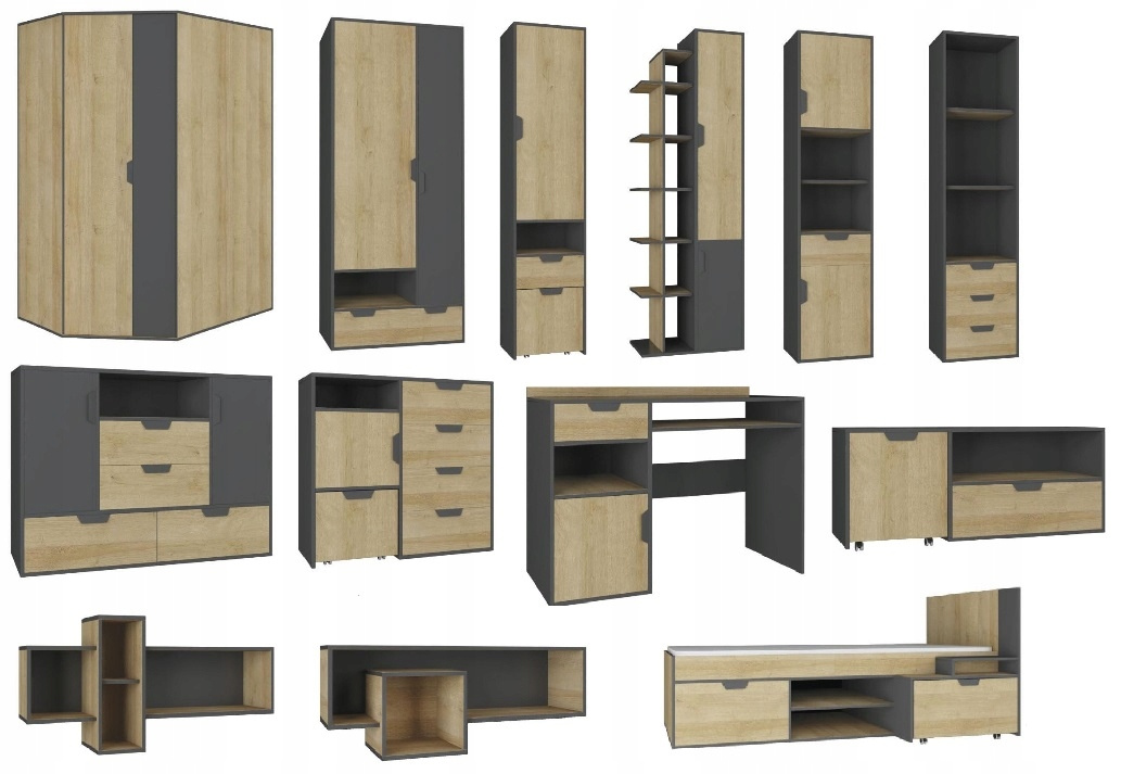 BIURKO Z SZUFLADĄ I PÓŁKAMI MEBLE MŁODZIEŻOWE GRAFIT / DĄB RIVIERA LAMINAT Głębokość mebla 55 cm