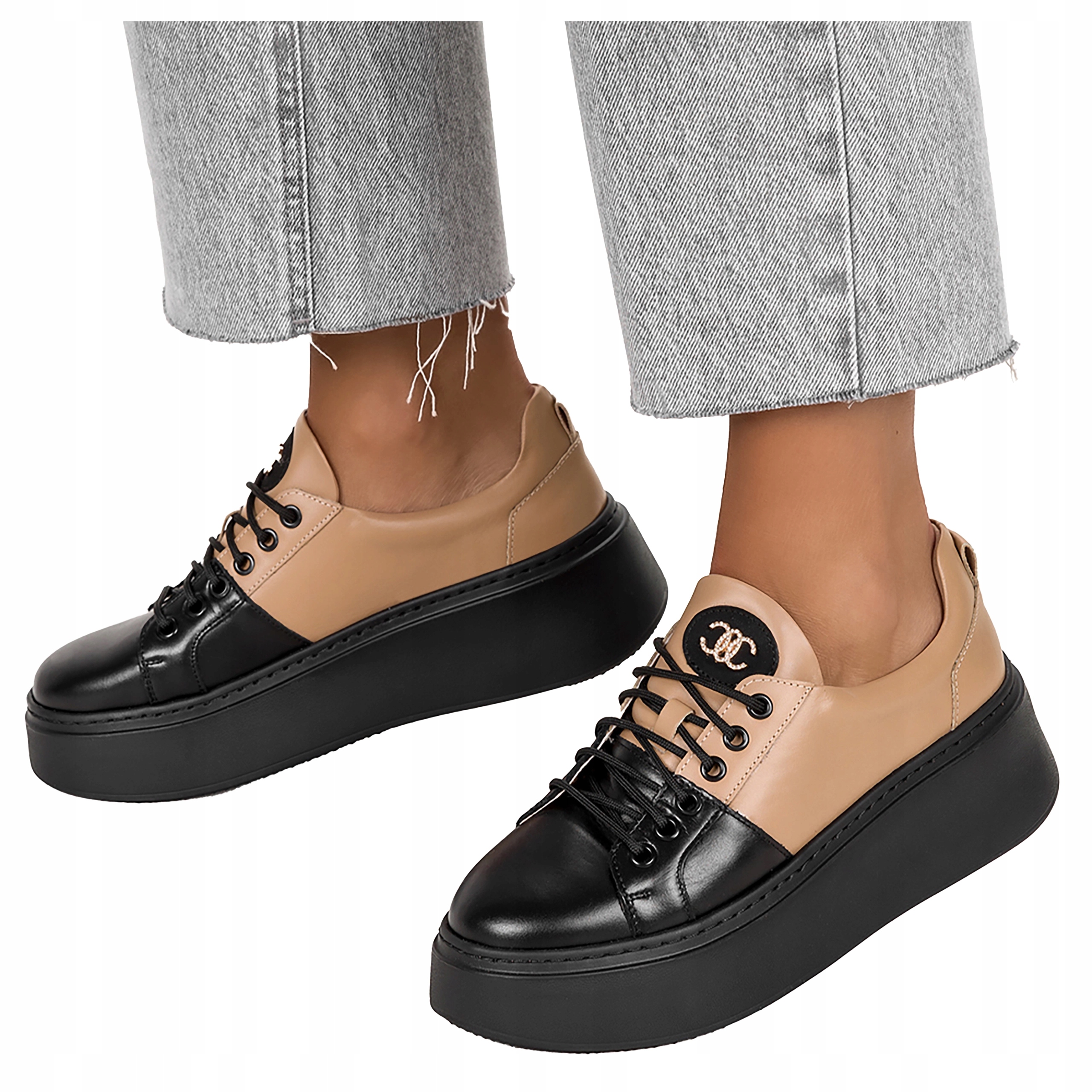 Sneakersy Šněrovací černé Kožené Dámské Platforma Produkt Polský vel 38