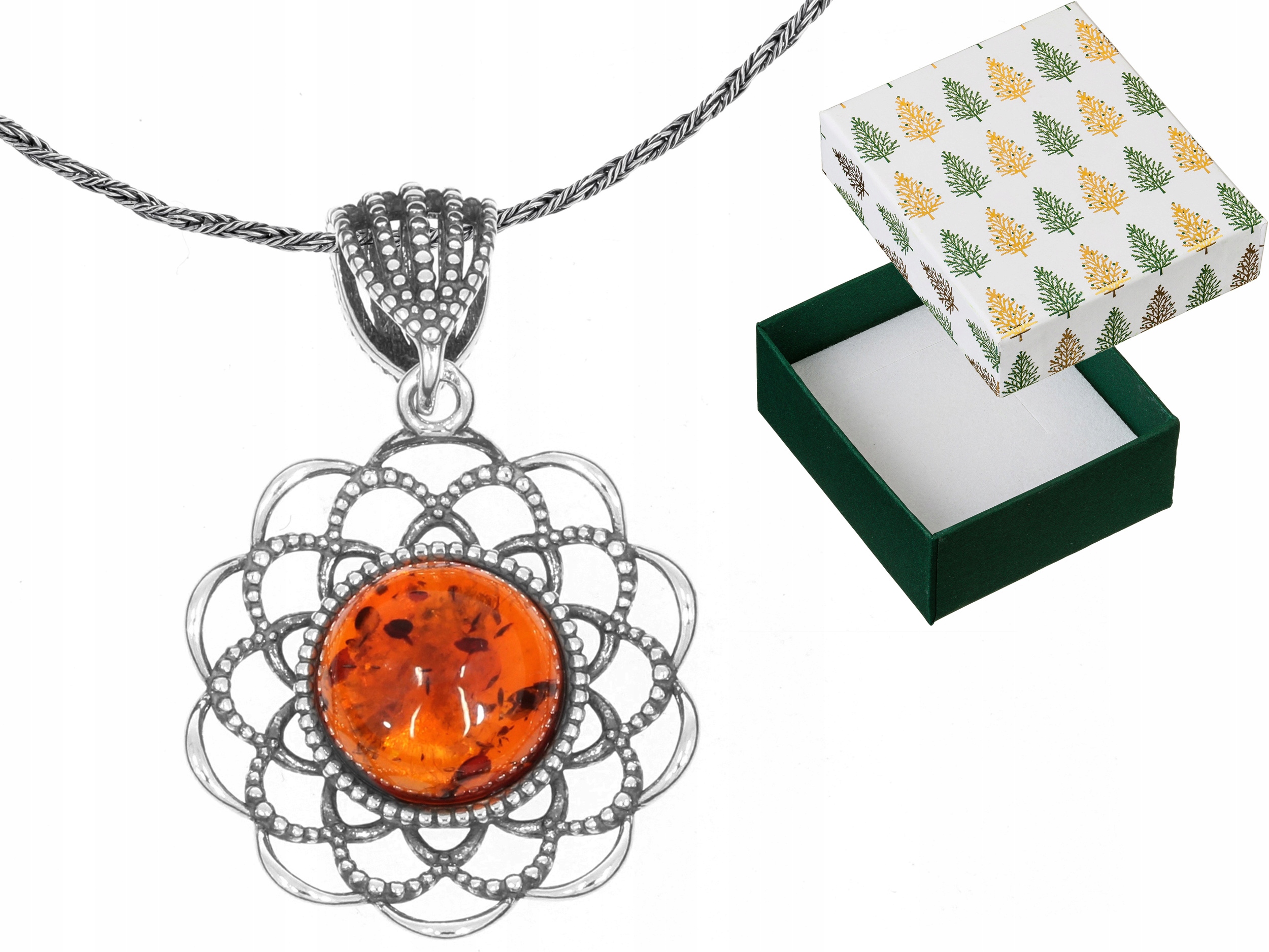 Elegantní stříbrný náhrdelník Rozeta s jantarem Oxidovaný jantar 65 cm