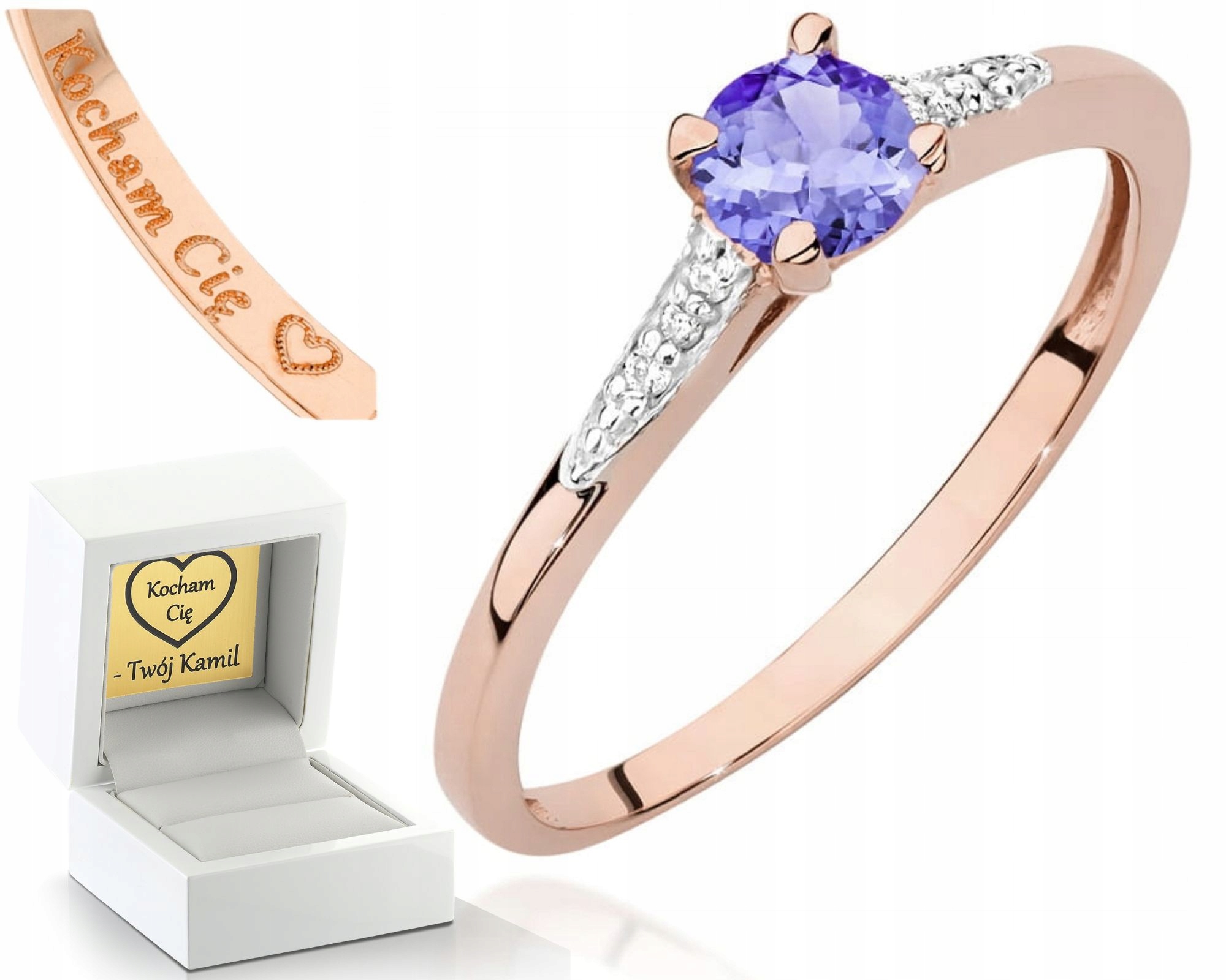 Prstýnek Prsten Z Růžového Zlata S Diamanty A Gravírování Tanzanitů, Dárek 585