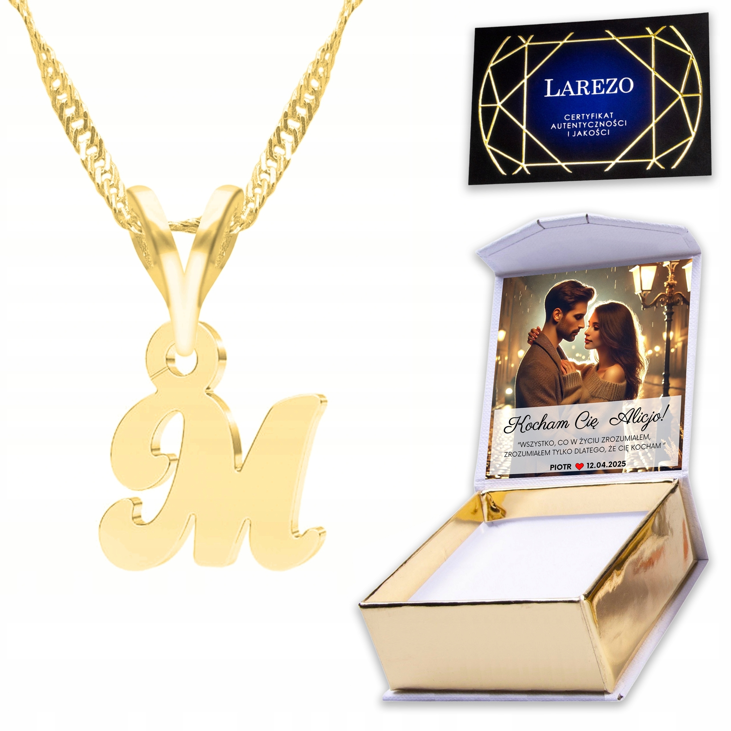 Zlatý náhrdelník 925 s písmenem Iniciály Plech Písmeno Znak Letter M Potisk