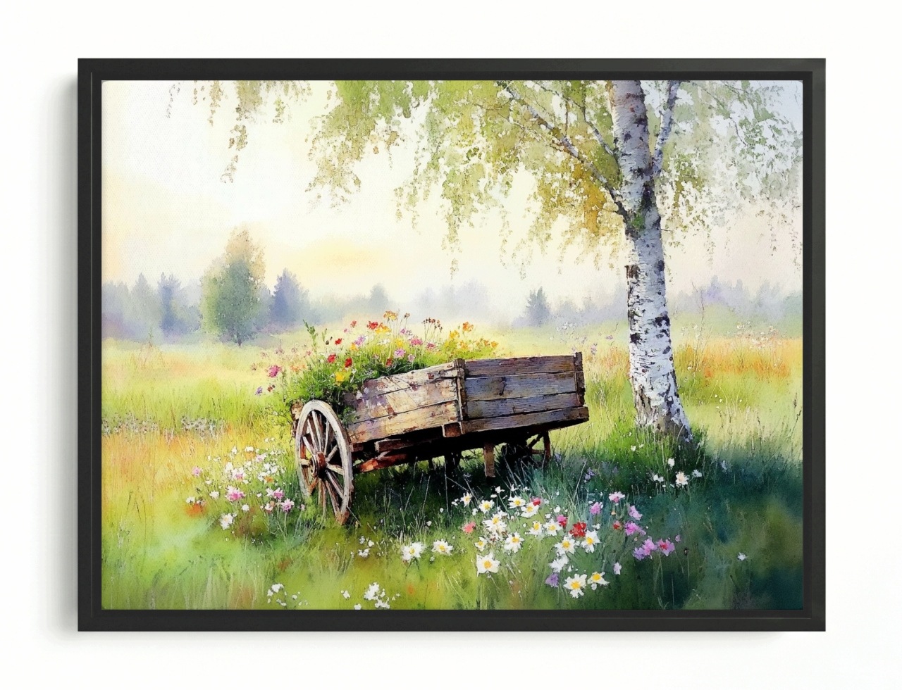Obraz Rám Americký Box Krajina Dřevo Bříza Dřevěný Vůz Květiny 80x60