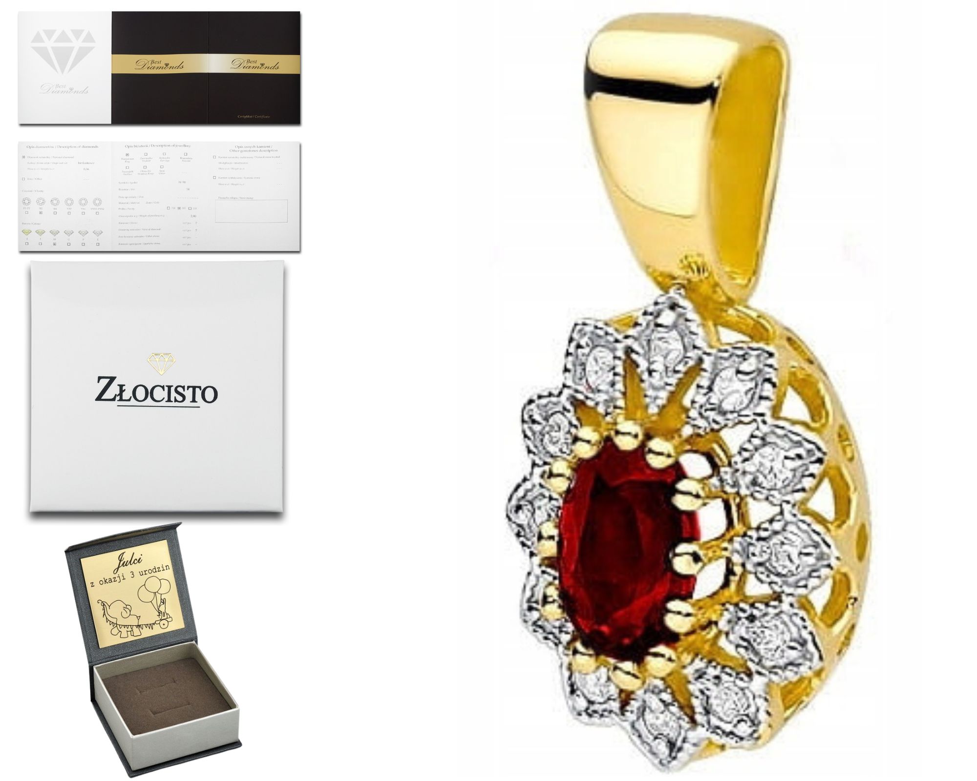 Zlatý Přívěsek S Brilianty A Rubínem 585 Gravírování