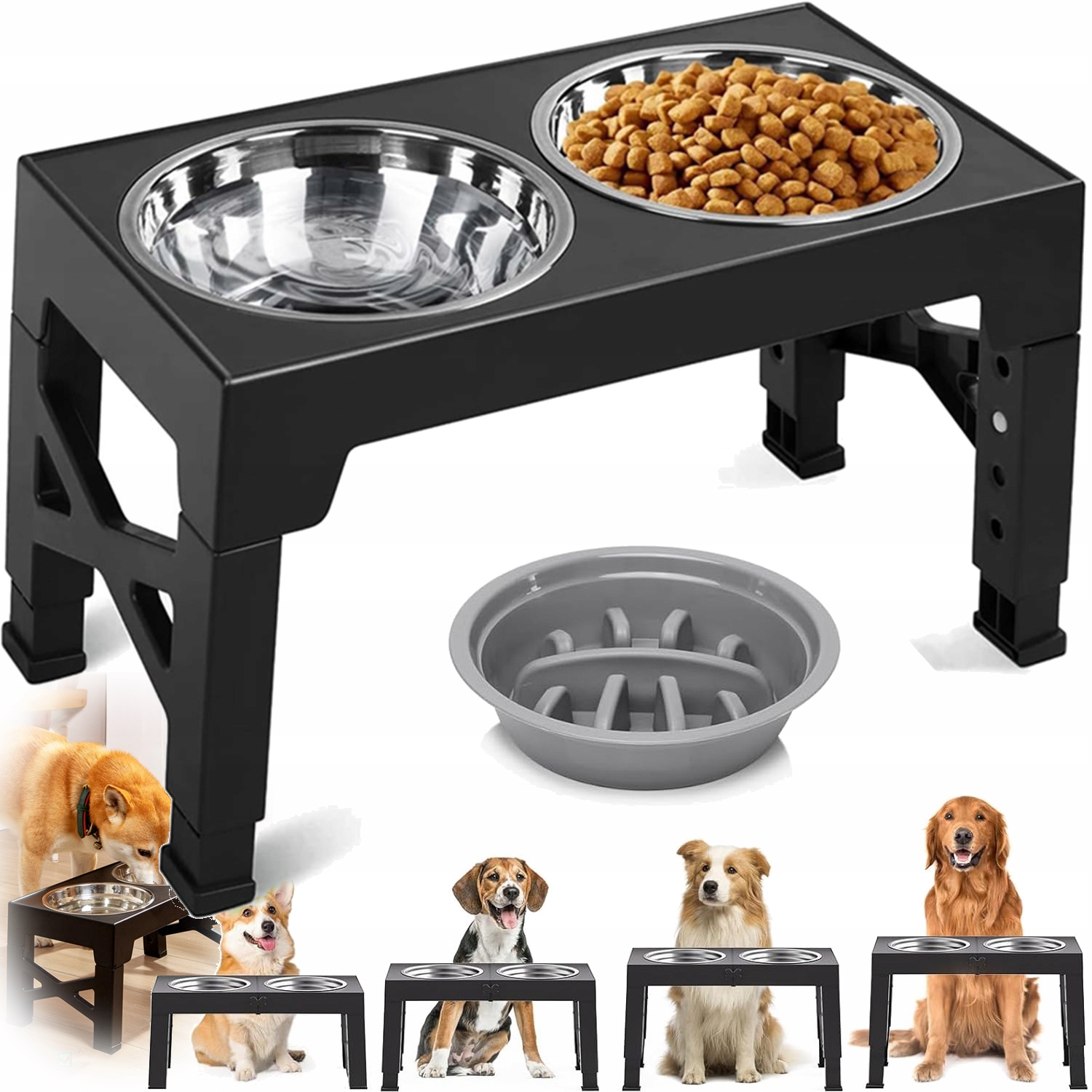 Levně Sada Zpomalovacích Misek Pro Psa Na Stojanu S Nastavitelnou Výškou 2V1