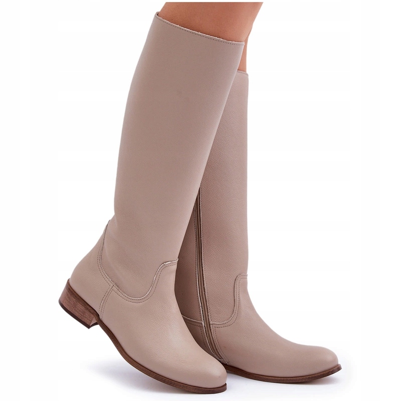 Dámské Kožené Kozačky S Plochým Podpatkem Na Zip Zazoo 3616 Světle Béžové 35