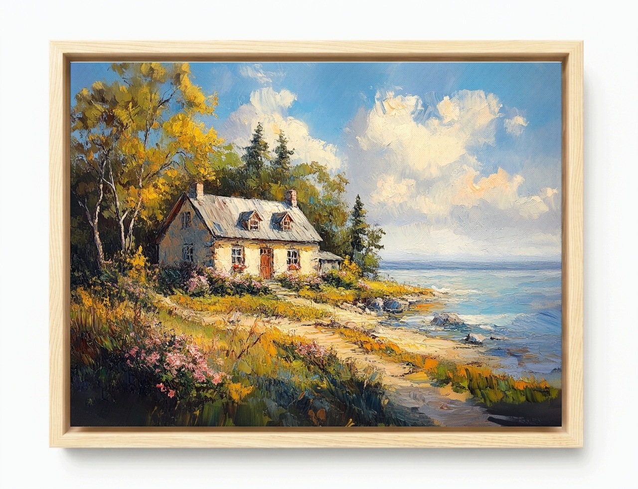 Obraz Rám American Box Krajina Domov More Pobrežie Pláž Kvety Hygge 80x60