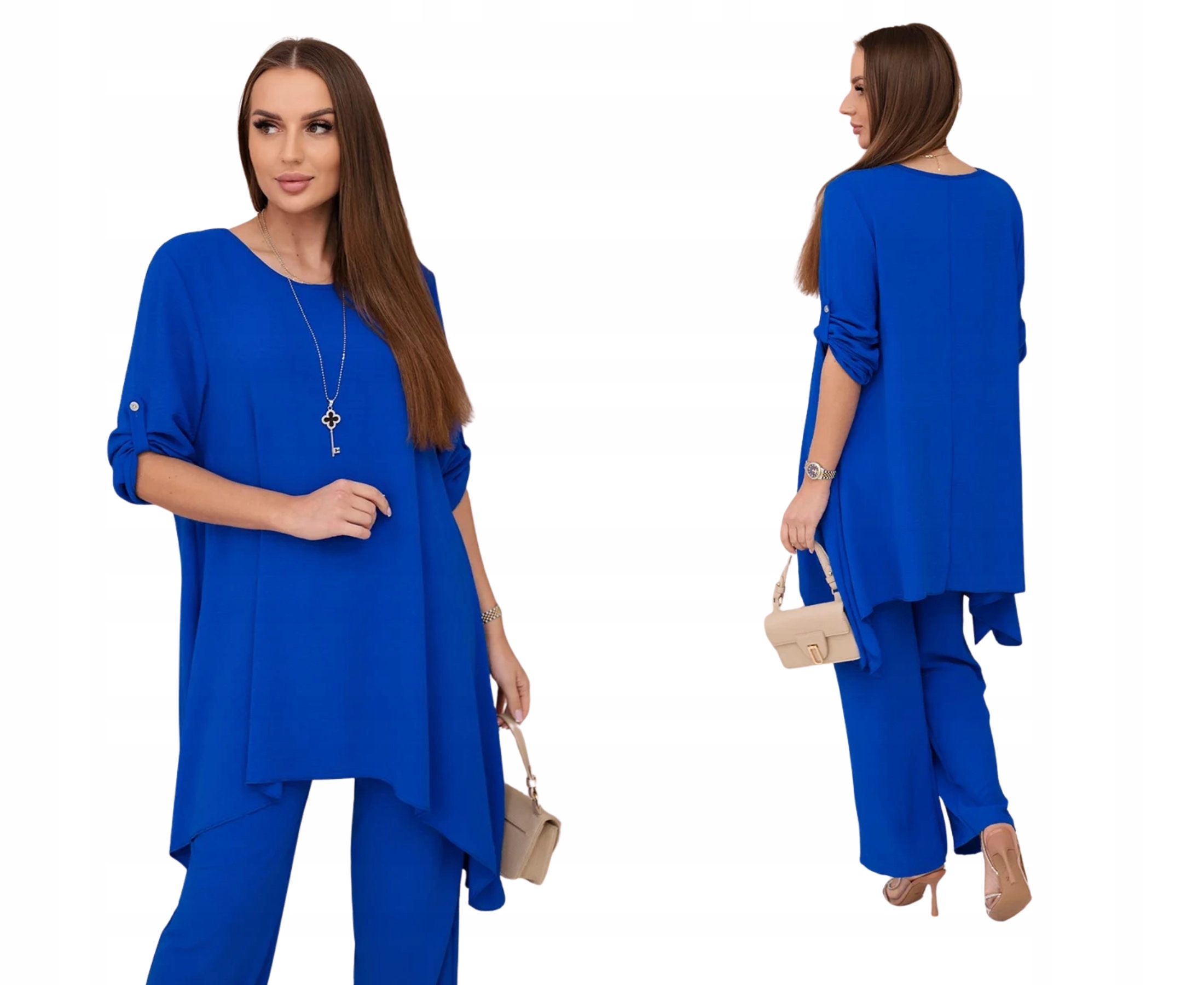 Chabrowy komplet damski z naszyjnikiem: Tunika i luźne spodnie