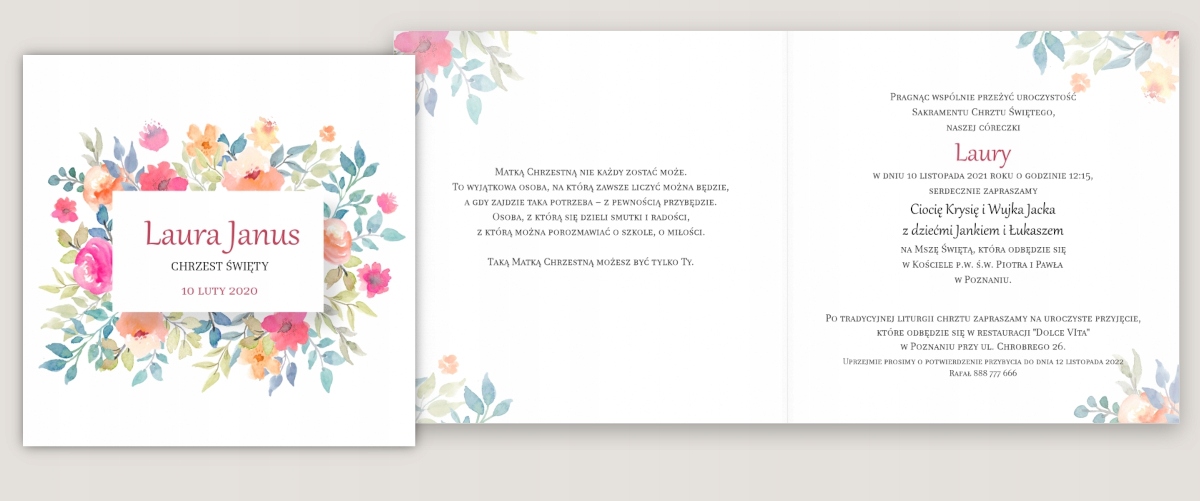 Zaproszenia na Chrzest Święty Chrzciny KWIATY BUKIET Personalizowane GOŚCIE Marka inna