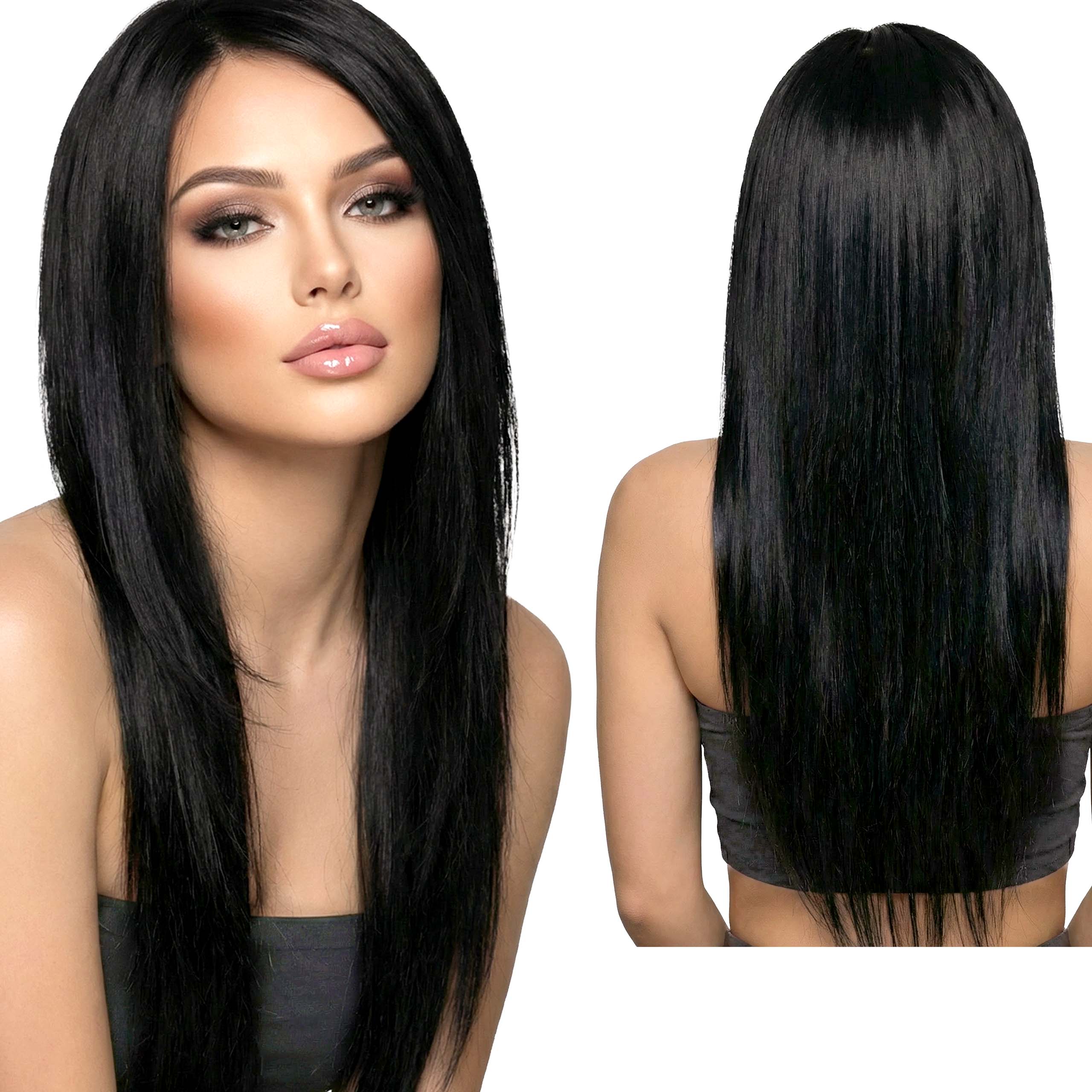 Peruka z Włosów Naturalnych Lace Front cieniowana czarna Włosy Proste