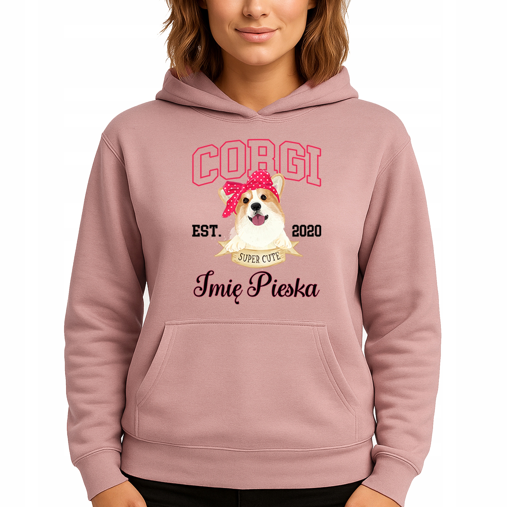 Mikina S Kapucí Růžová bavlněná mikina Módní Corgi Jméno Vel S
