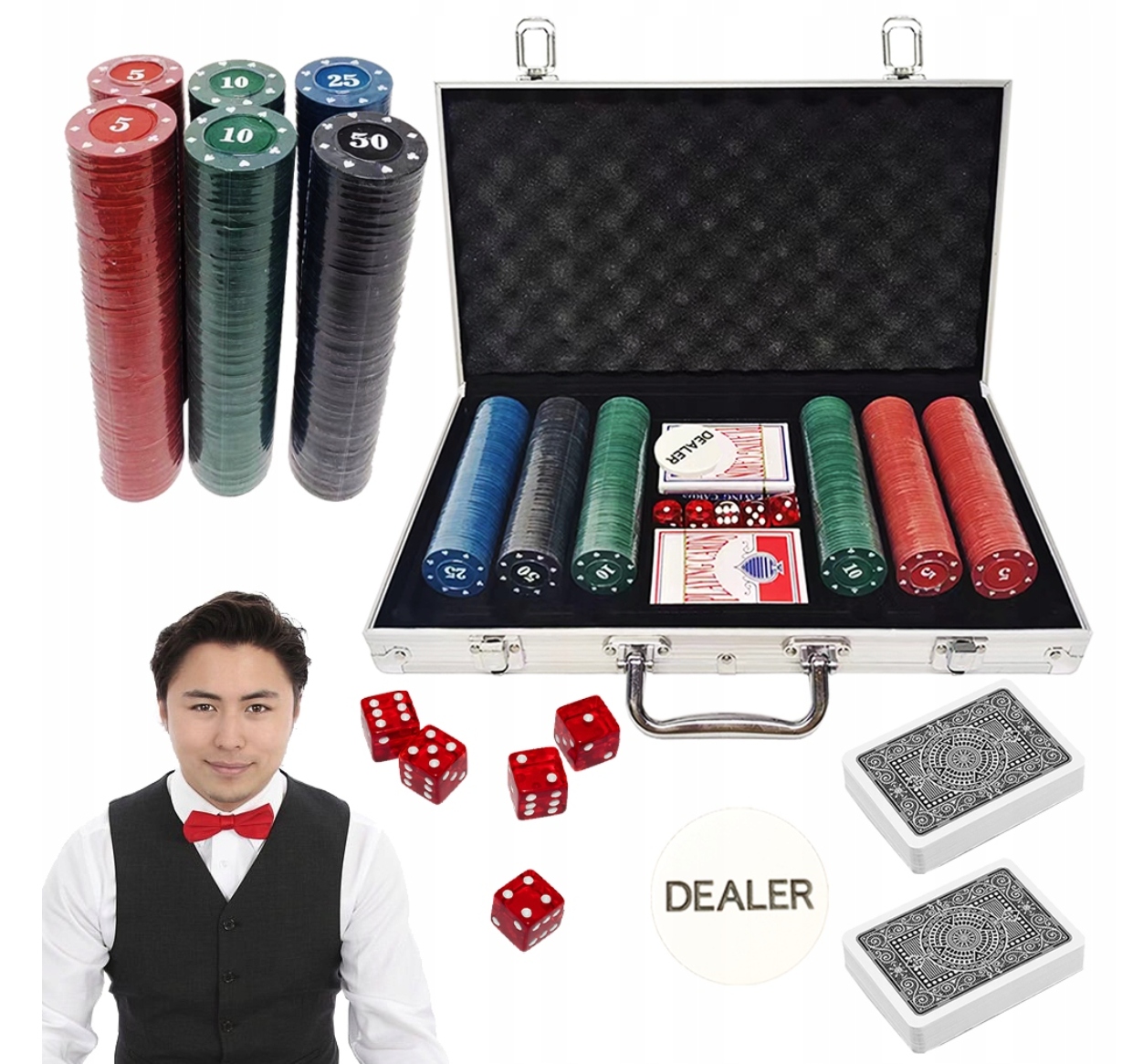 ZESTAW DO POKERA TEXAS 300 ŻETONÓW 2 TALIE 5 KOŚCI