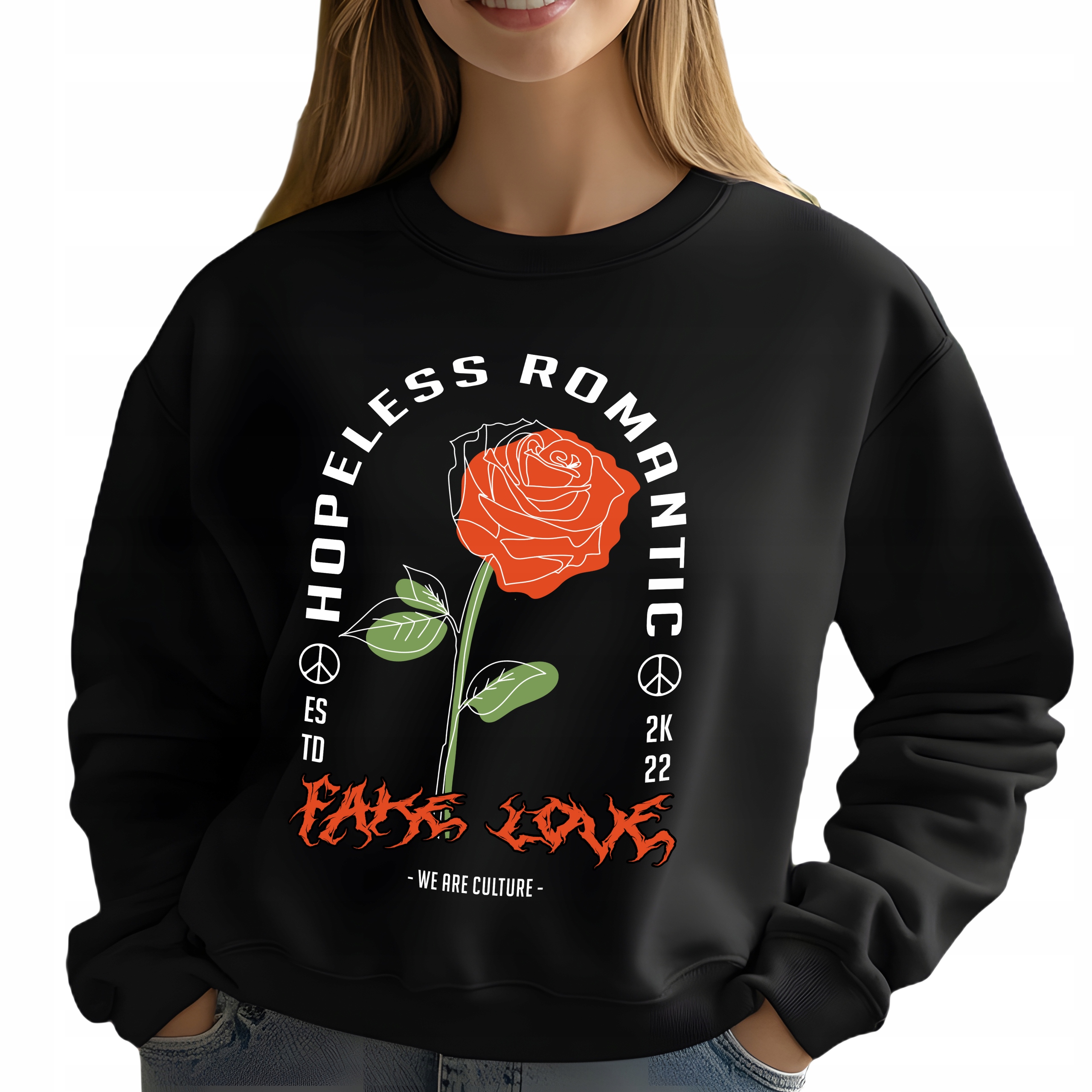 Mikina Černá Dámská Fake Love Rose Dárek Módní Pohodlná Streetwear Vel M