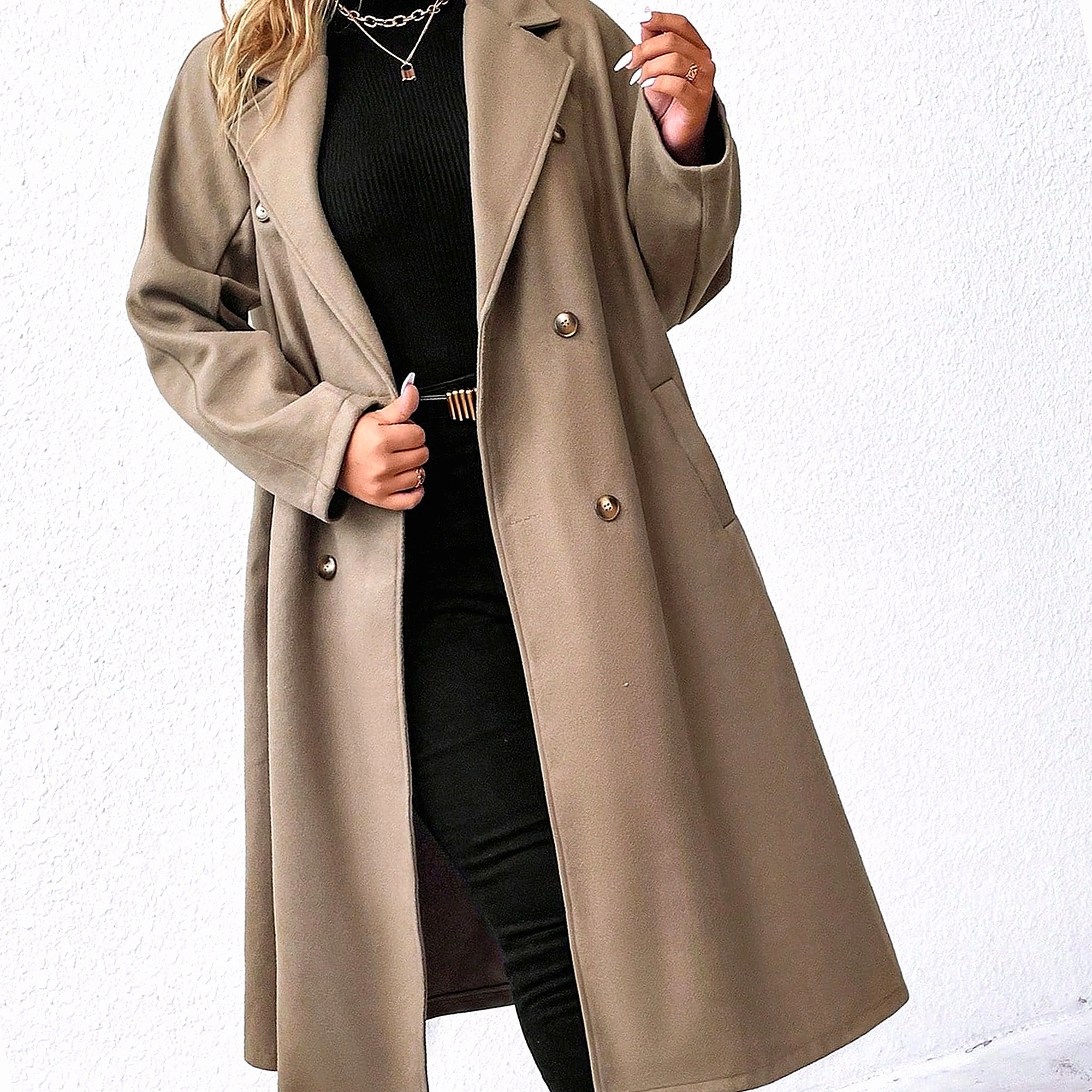 Elegantní dvouřadý dlouhý čokoládový dámský kabát XL 42