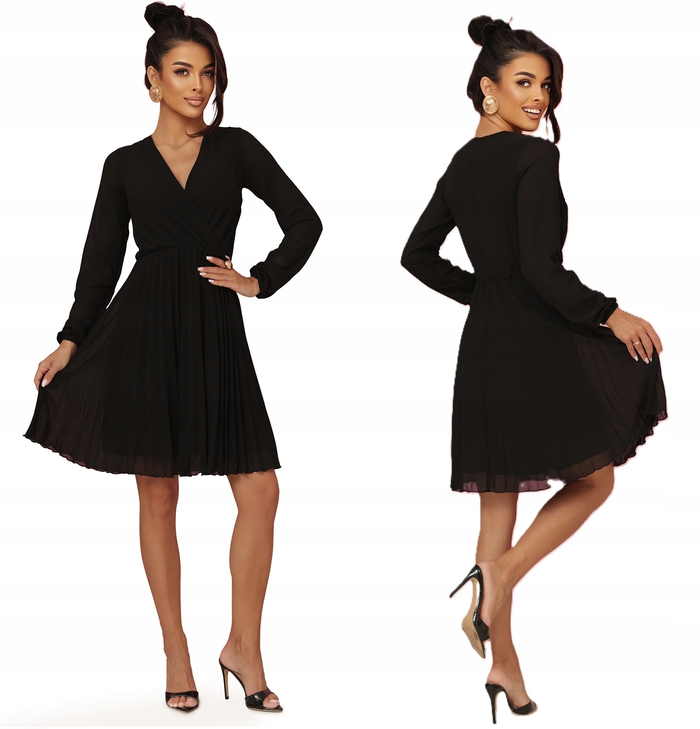 Elegantní Plisované Šaty S Dlouhým Rukávem, Hluboký Výstřih, Černá Barva, Xs