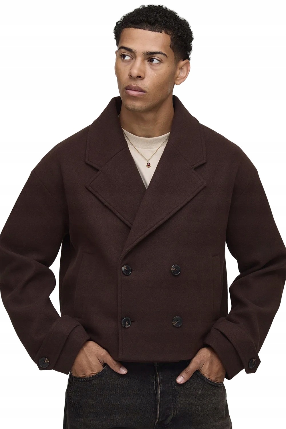 Boohooman Krátký Dvouřadý Pánský Kabát Hnědý S Klopami XL Z3A