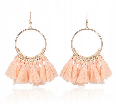 

Kolczyki duże złote koła kółka frędzle pudrowy róż