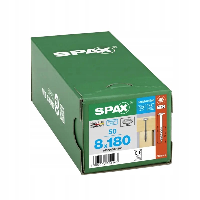 Tesárske skrutky Spax do dreva 8x180 mm tanierová hlava, oceľ A2 50 Ks