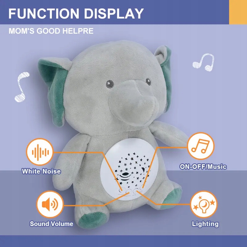 SŁONIK MIŚ SZUMIŚ USYPIACZ LAMPKA NOCNA PROJEKTOR 2w1 10 KOŁYSANEK Efekty dźwiękowe podświetlenie LED