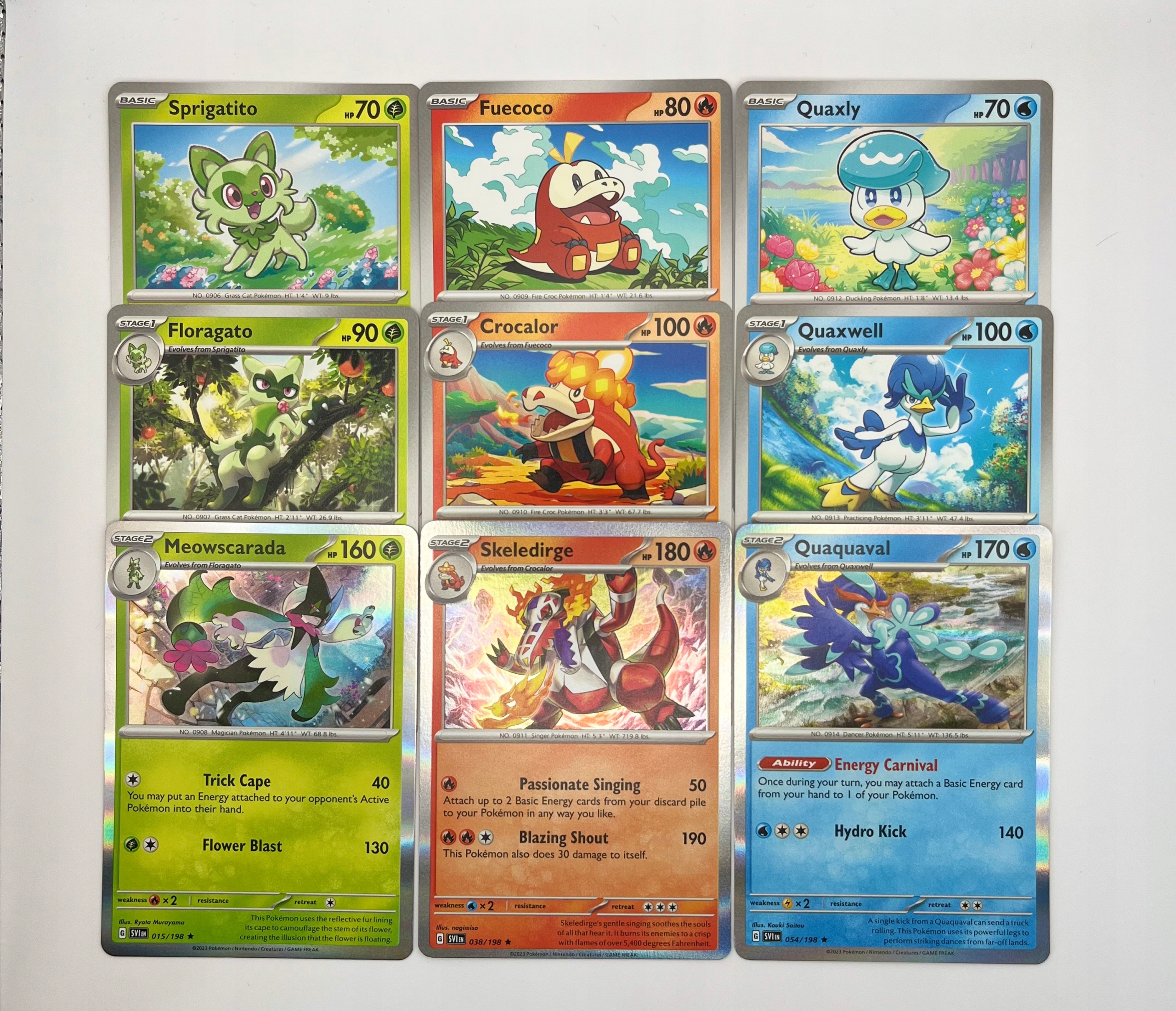 Karty Pokemon ewolucje Sprigatito 013 Fuecoco 036 Quaxly 052 SVI