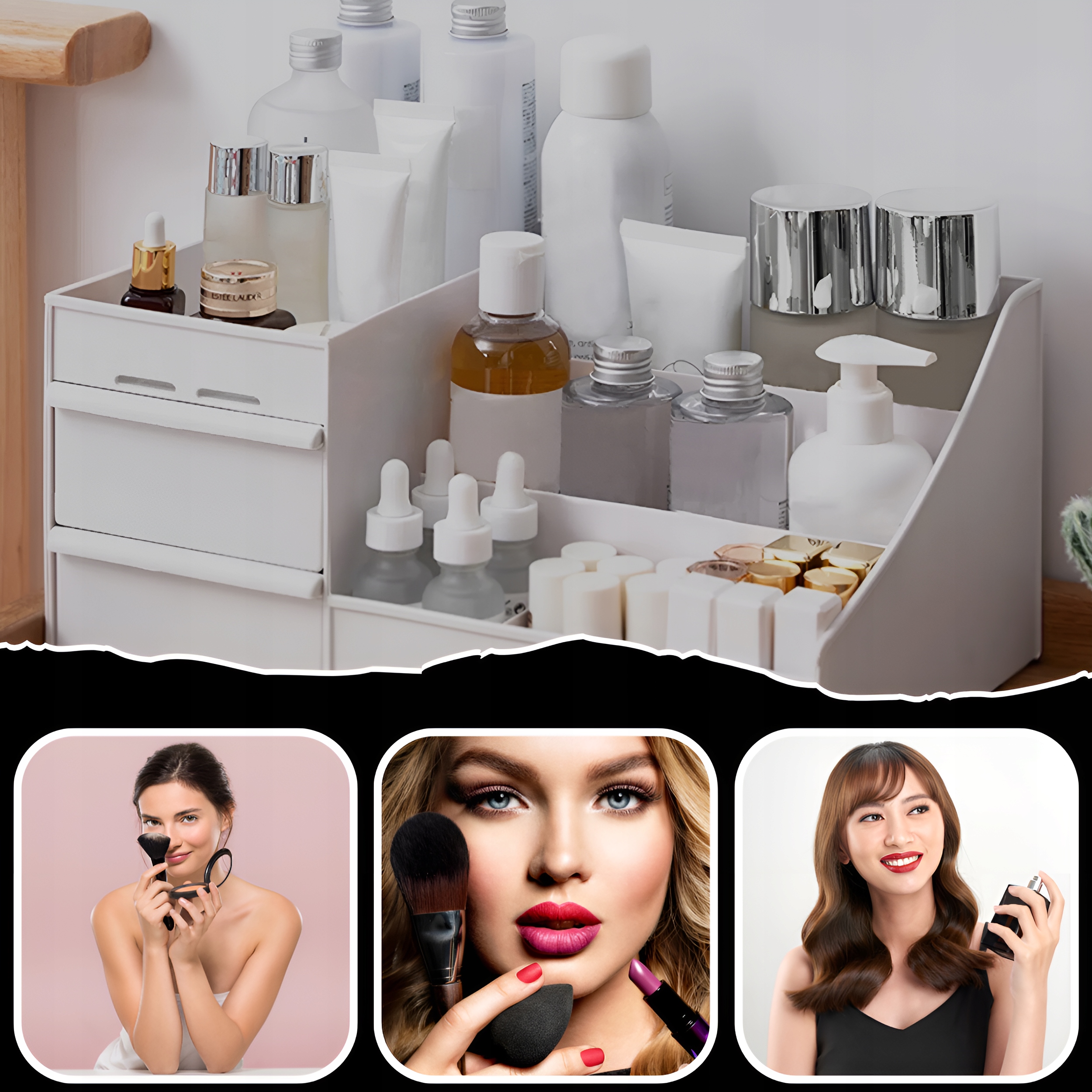 SZKATUŁKA ORGANIZER NA KOSMETYKI POJEMNIK KUFEREK NA BIŻUTERIE 2 SZUFLADY Szerokość produktu 26.5 cm