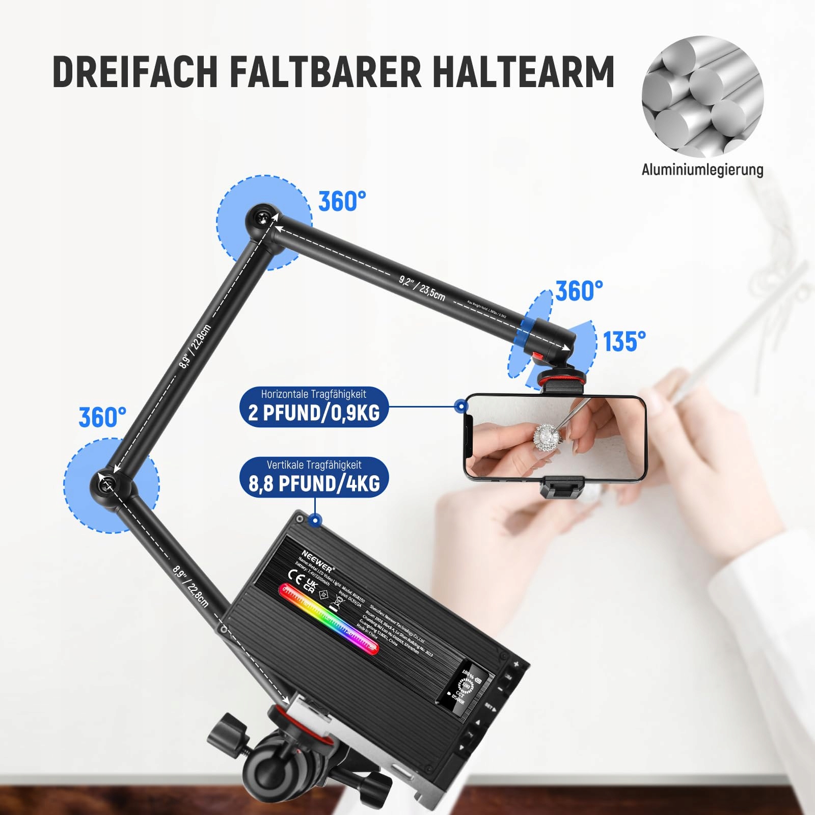 NEEWER Uchwyt Stołowy Teleskopowy z Ramieniem 1,2m do LED Mikrofonu — miniatura 3
