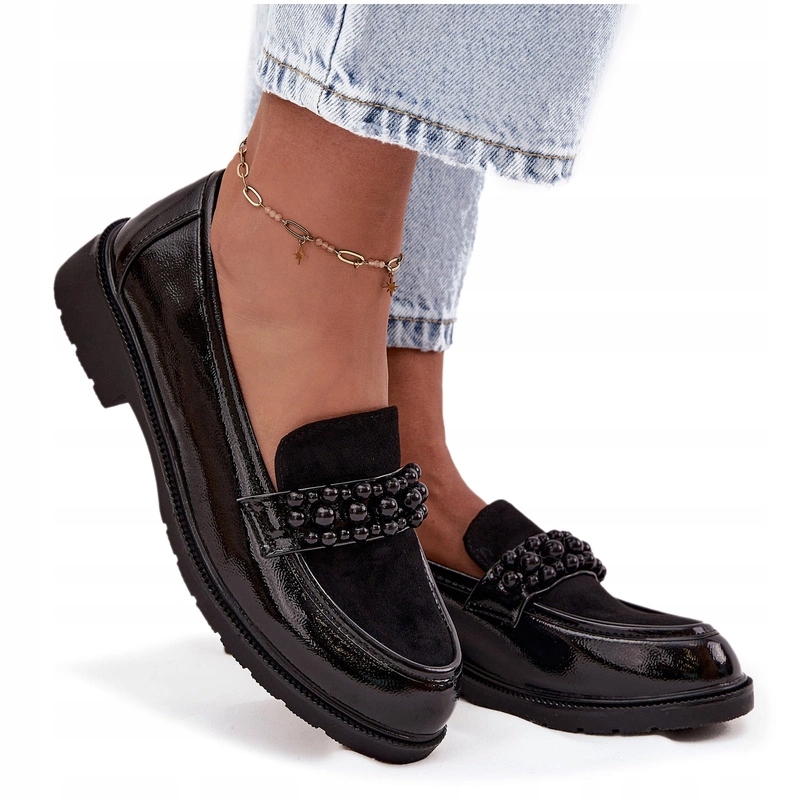 Dámské Lakované Mokasíny S Korálky S.barski HY52-541 Černé 38