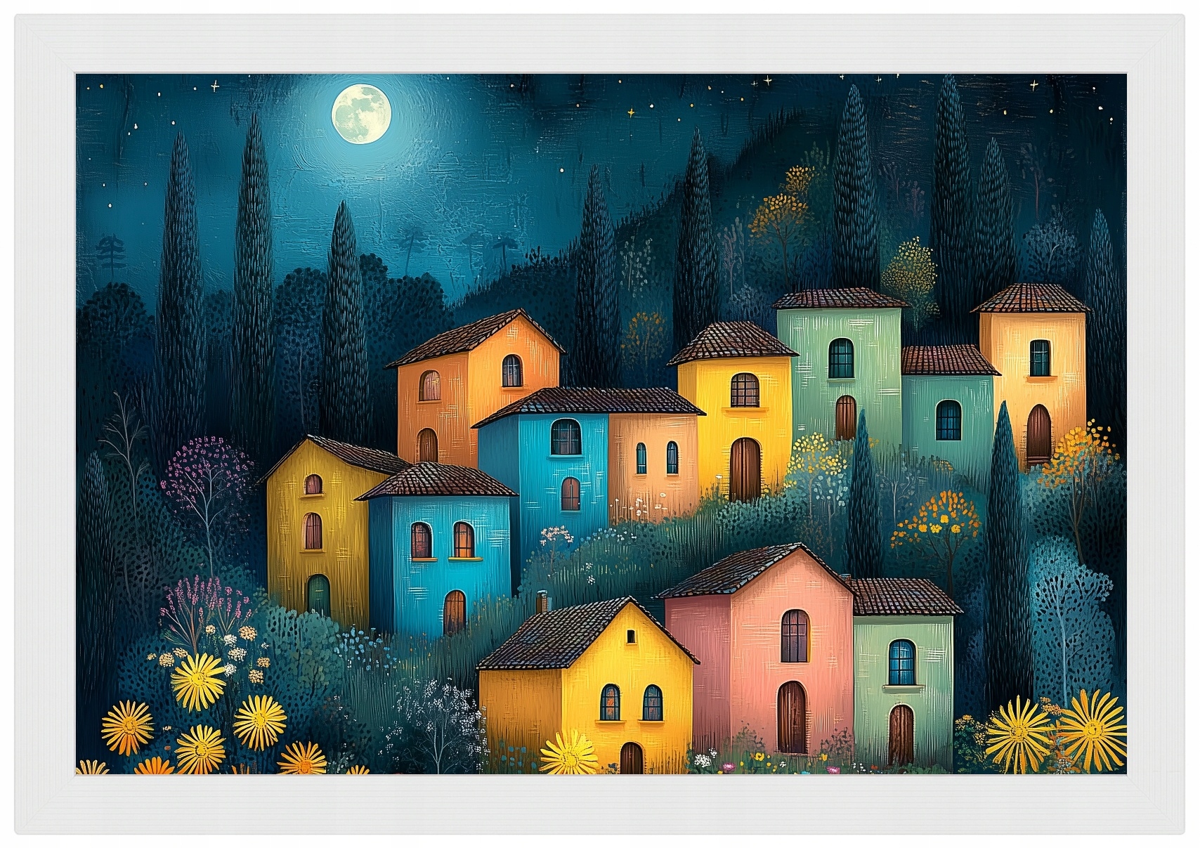 Plakát Rámeček Dřevo Barevné Domky Noc Krajina Měsíc Hvězdy 60x40