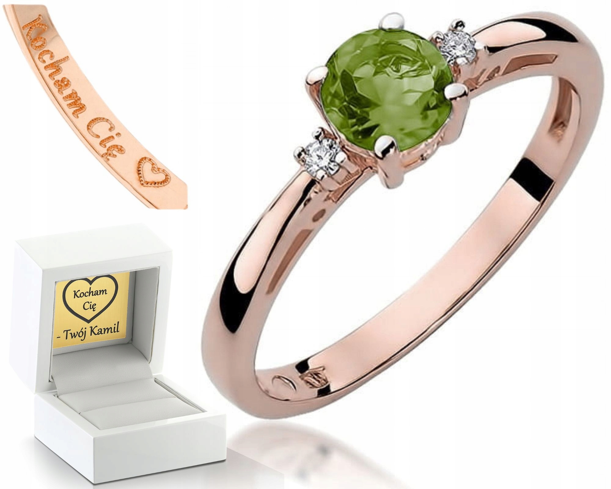 Prstýnek Z Růžového Zlata S Diamanty Peridotu 585, Bonus Gravírování