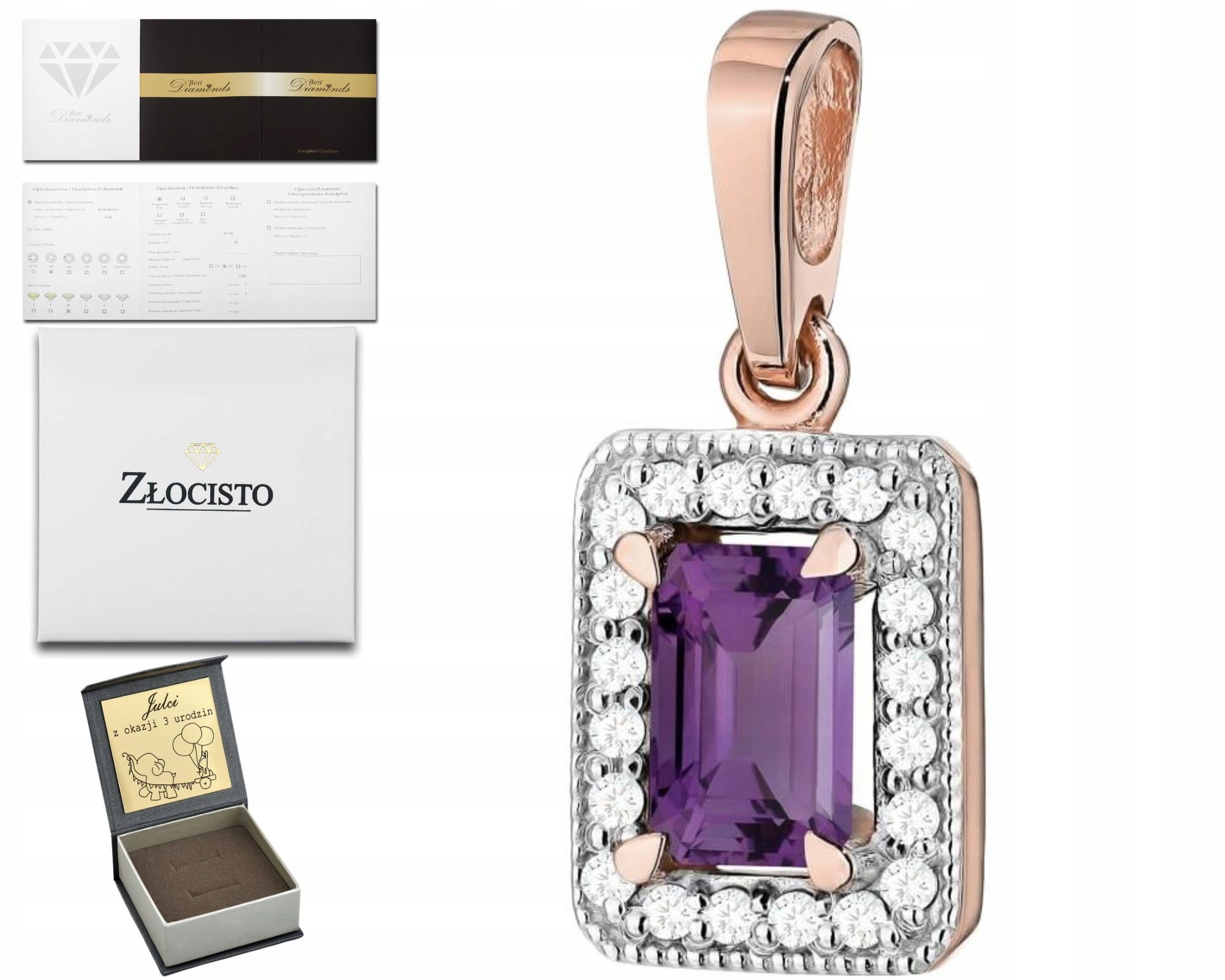 Růžové Zlato Přívěsek Přírodní Kámen Ametyst Diamanty 585 Dárek