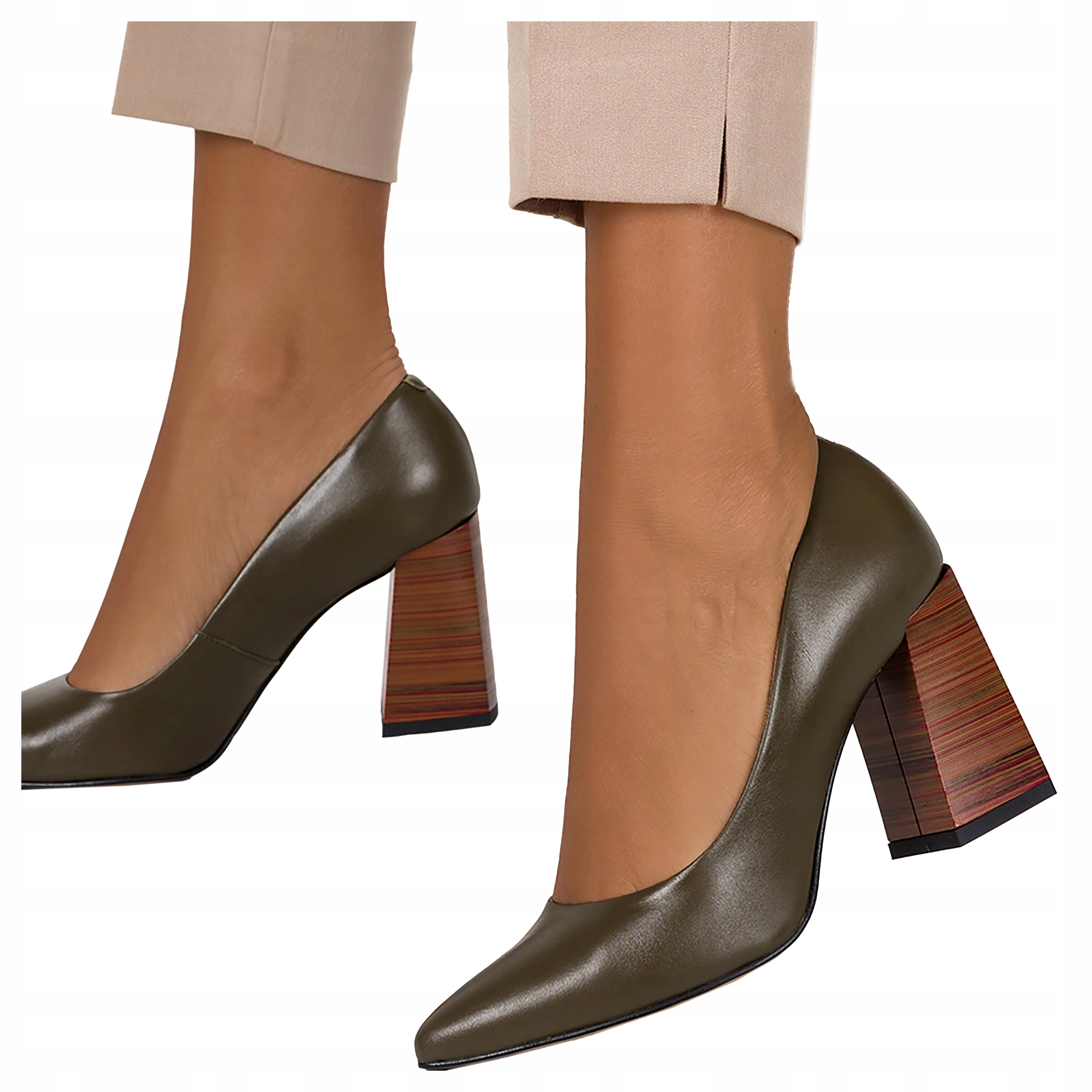 Dámské kožené lodičky Polské Olivové Módní Na Ozdobném Kostku vel. 40