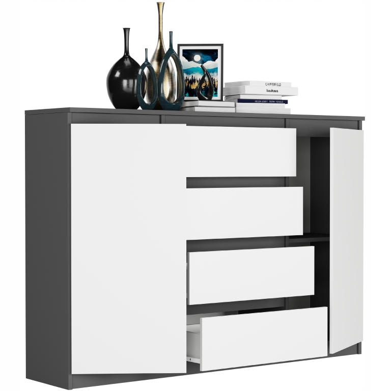 Modna KOMODA 140 SZAFKA 4 SZUFLADY 2 PÓŁKI R-140-S4 MIX ANTRACYT