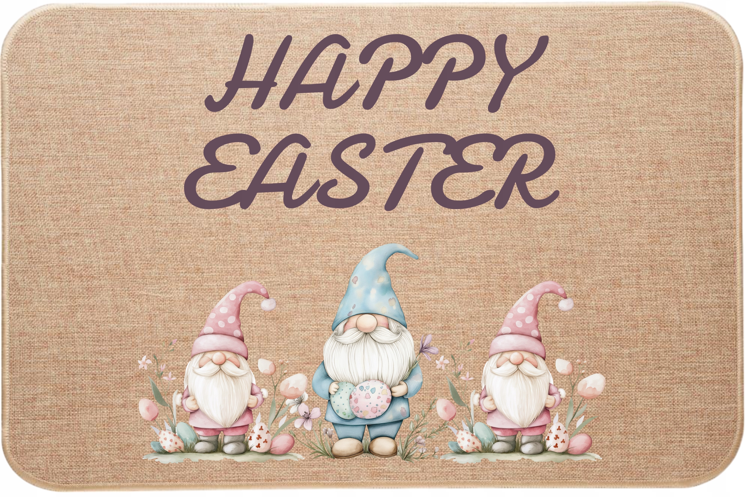 Dekorativní lněná rohožka Tři velikonoční skřítci Happy Easter