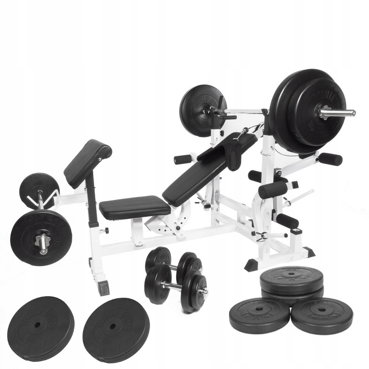 

158 kg Zestaw 6w1 Ławka sztanga obciążenia hantle