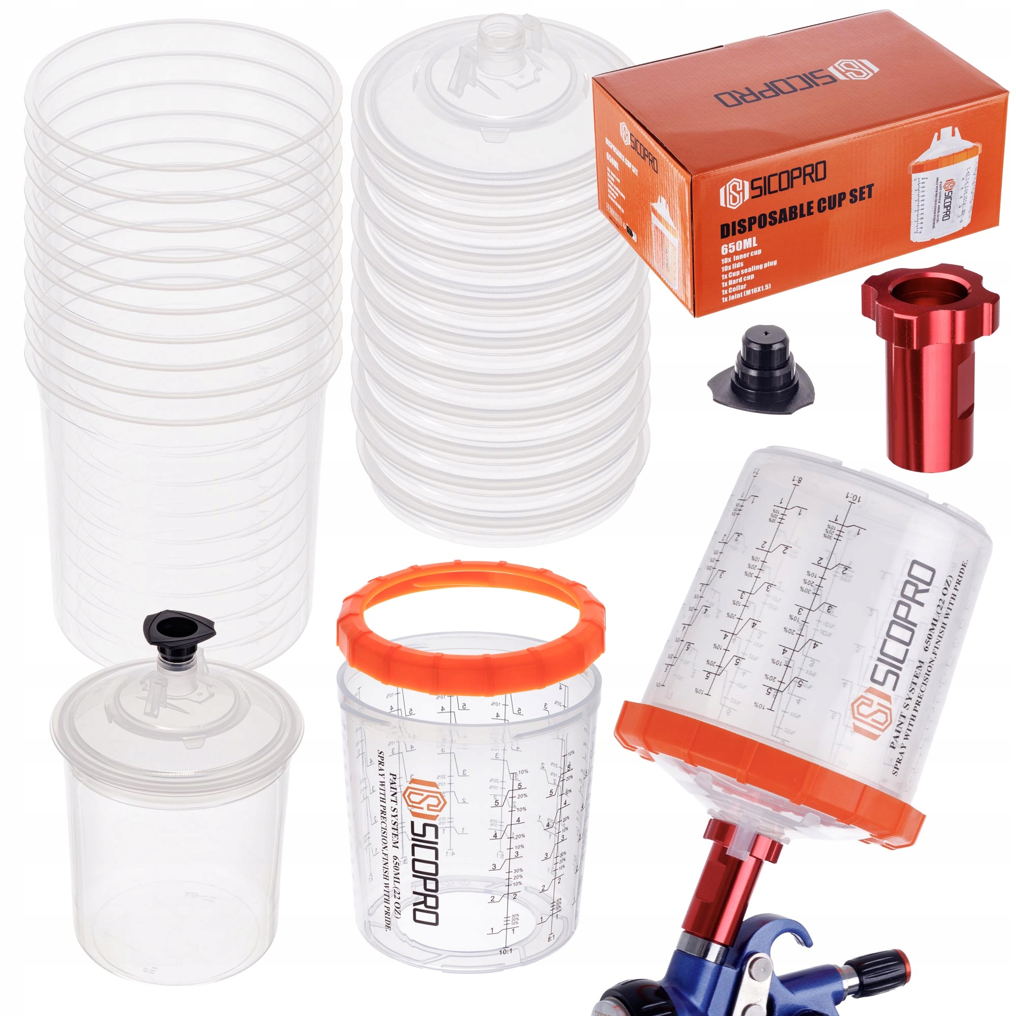 Zestaw kubków 10x 650ml 125µm mieszania lakieru system Pps Adapter M16x1,5W