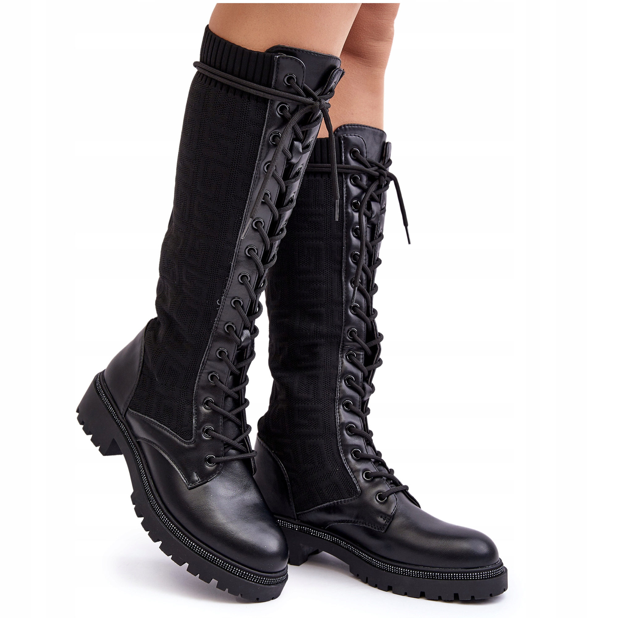 KOZAKI DAMSKIE Z ELASTYCZNĄ CHOLEWKĄ SZNUROWANE PRZED KOLANO CZARNE 37