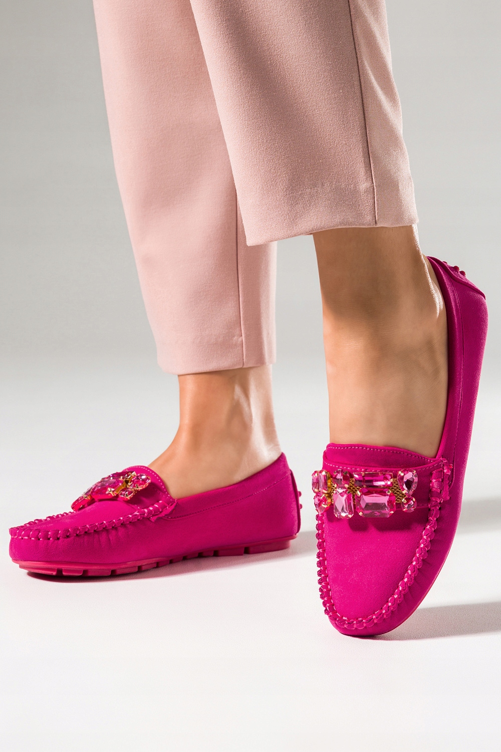 DAMSKIE MOKASYNY PÓŁBUTY PŁASKIE WSUWANE OZDOBNE KRYSZTAŁKI FUKSJOWE r 38 Rozmiar 38