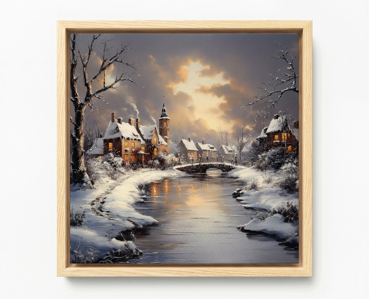 Rám Na Obraz Americká Krabička Krajina Město Řeka Domy Zima Sněh Most 50x50