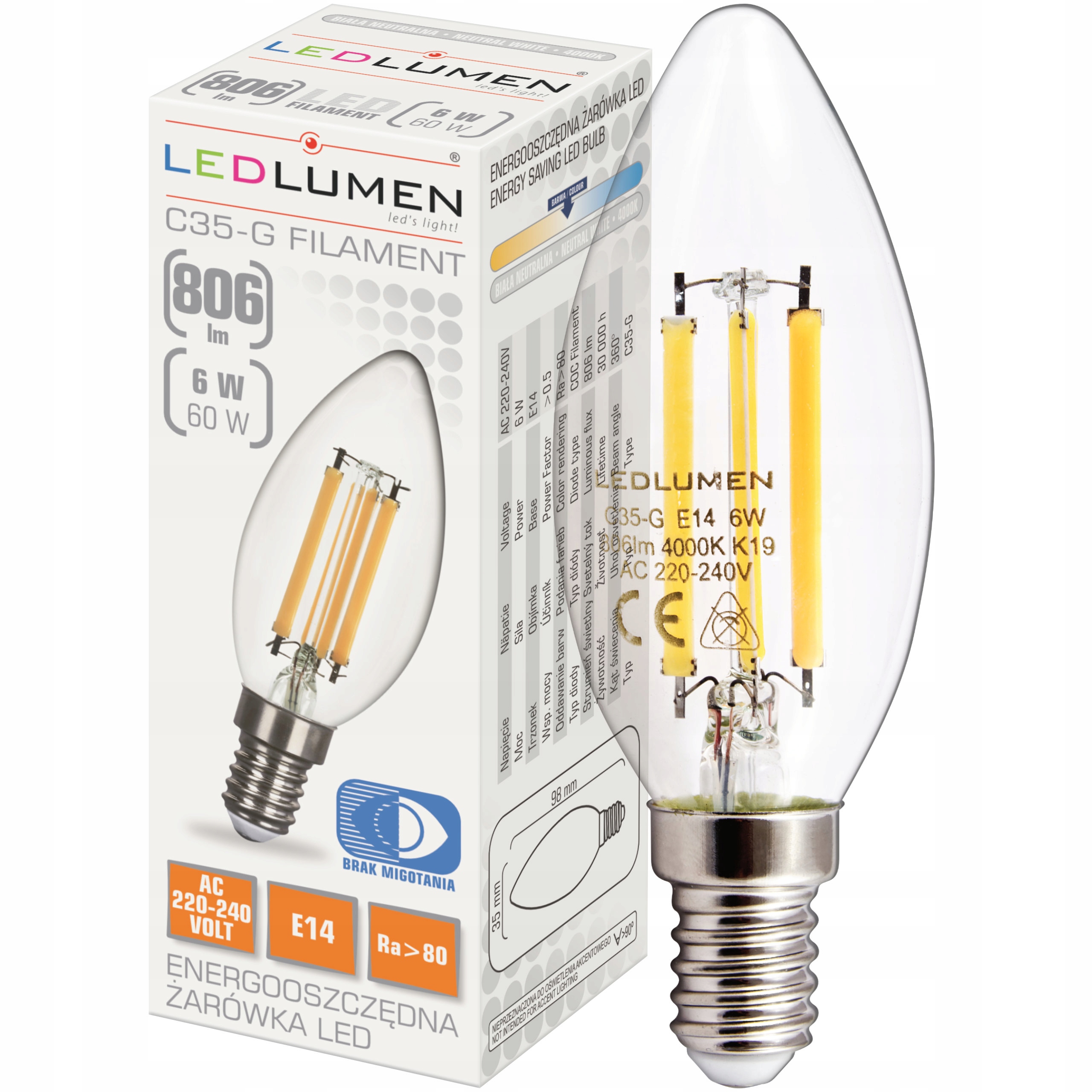 

Żarówka Świeczka E14 6W=60W Led Filament Ozdobna