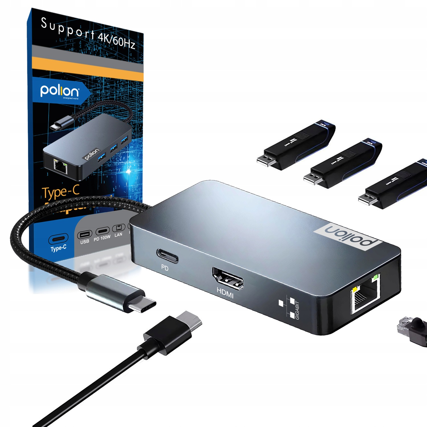 Adaptér Hub 6v1 Polion Usb-c, redukce Usb 3.2, Pd 100W, Hdmi 4K, Lan 1Gb